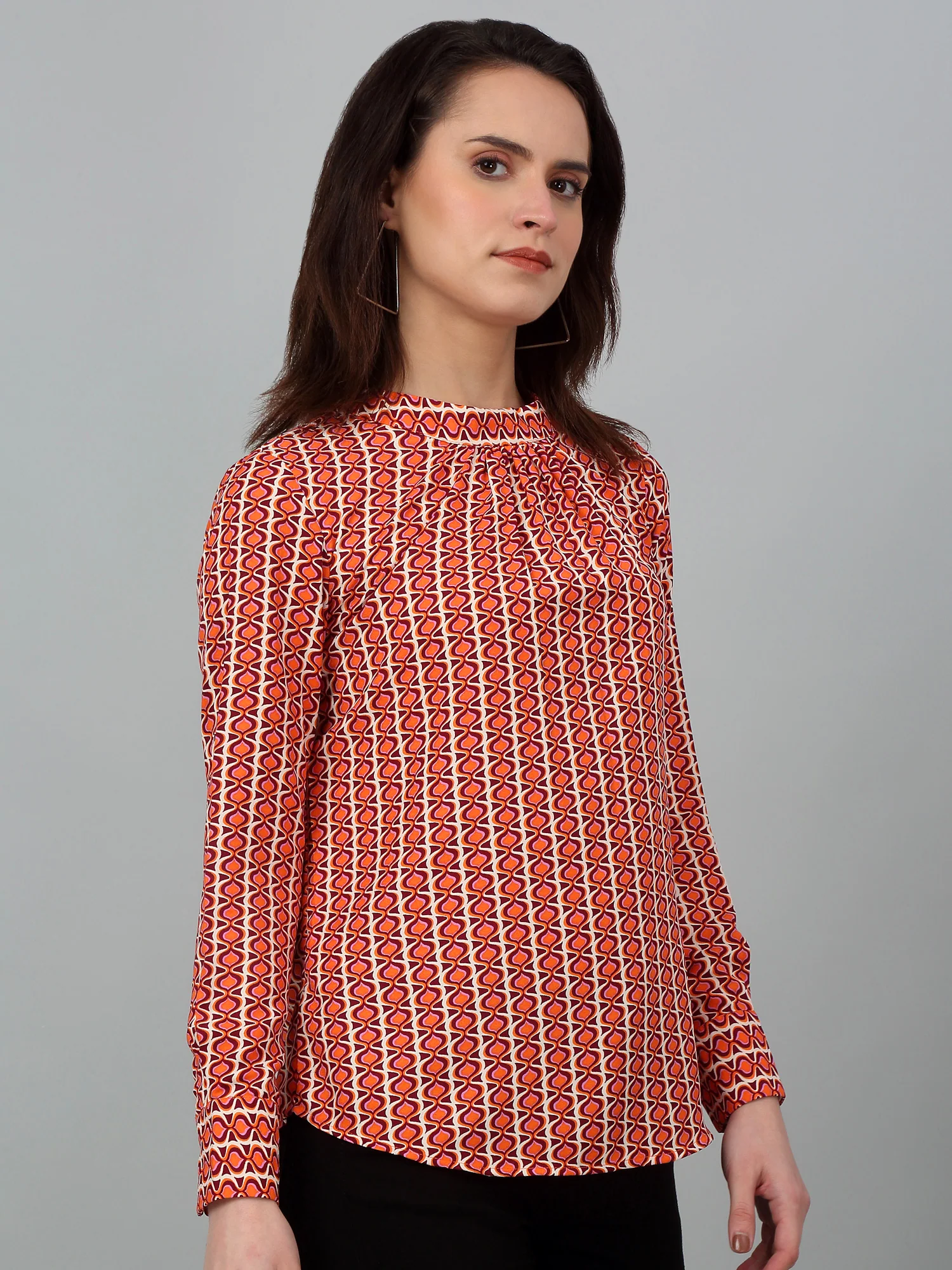Women's Casual  Multi Color Geometric Print Band Collar Tunic - Image 3