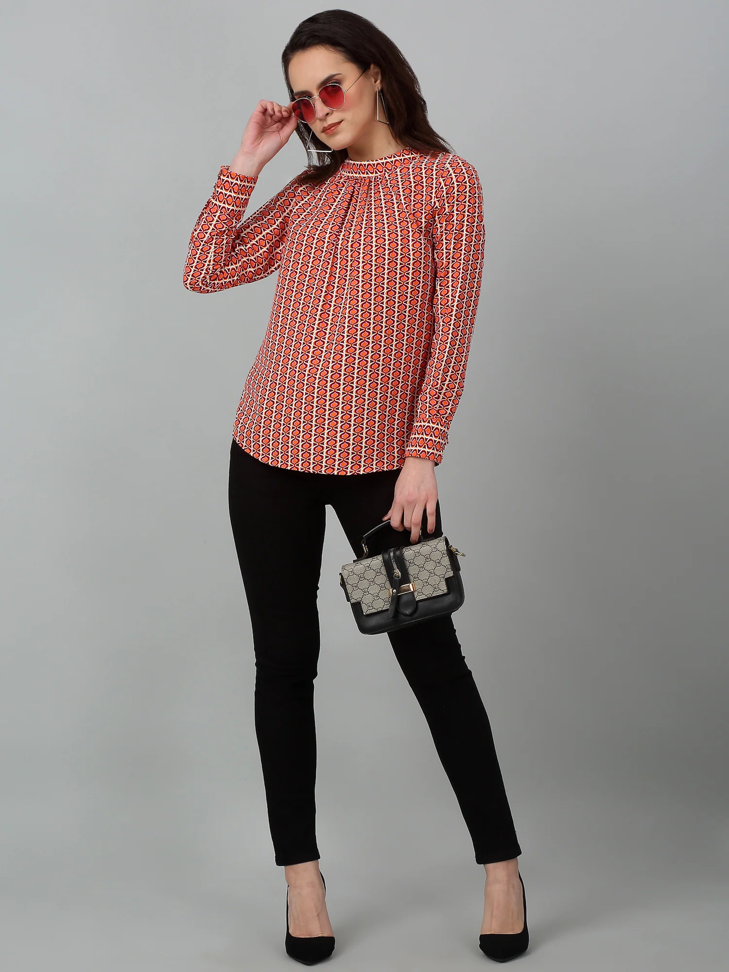 Women's Casual  Multi Color Geometric Print Band Collar Tunic - Image 6