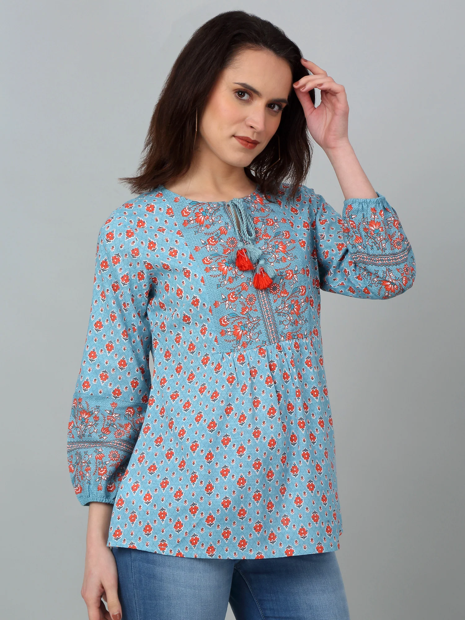 Women's Casual  Multi Color Floral Print Round neck with tie up Tunic - Image 4
