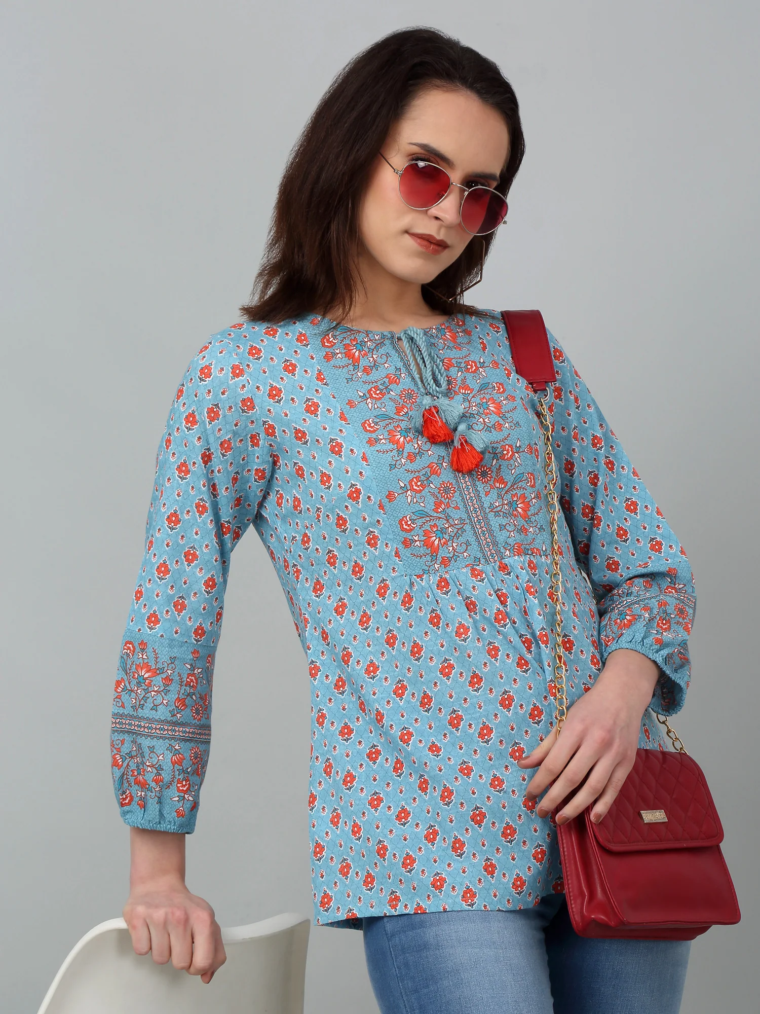 Women's Casual  Multi Color Floral Print Round neck with tie up Tunic - Image 6