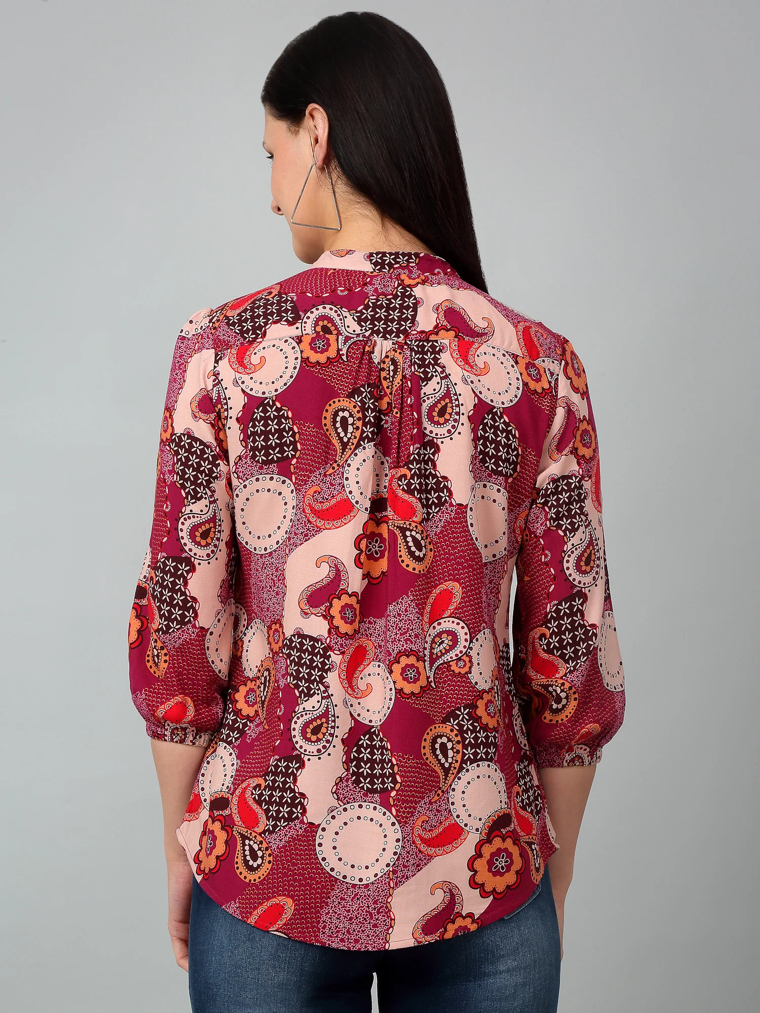 Women's Casual  Multi Color Paisley Print Mandarin Collar Tunic - Image 2