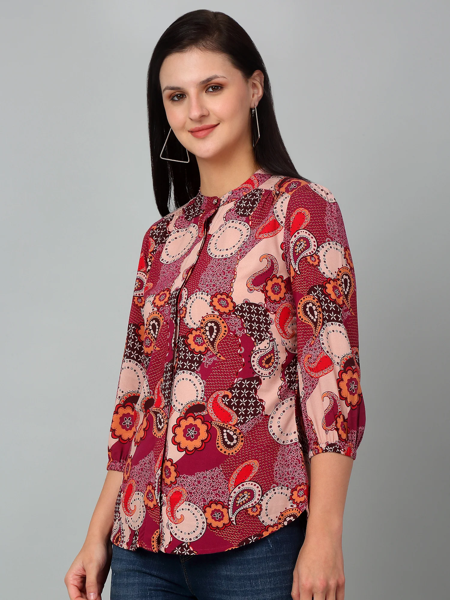 Women's Casual  Multi Color Paisley Print Mandarin Collar Tunic - Image 4