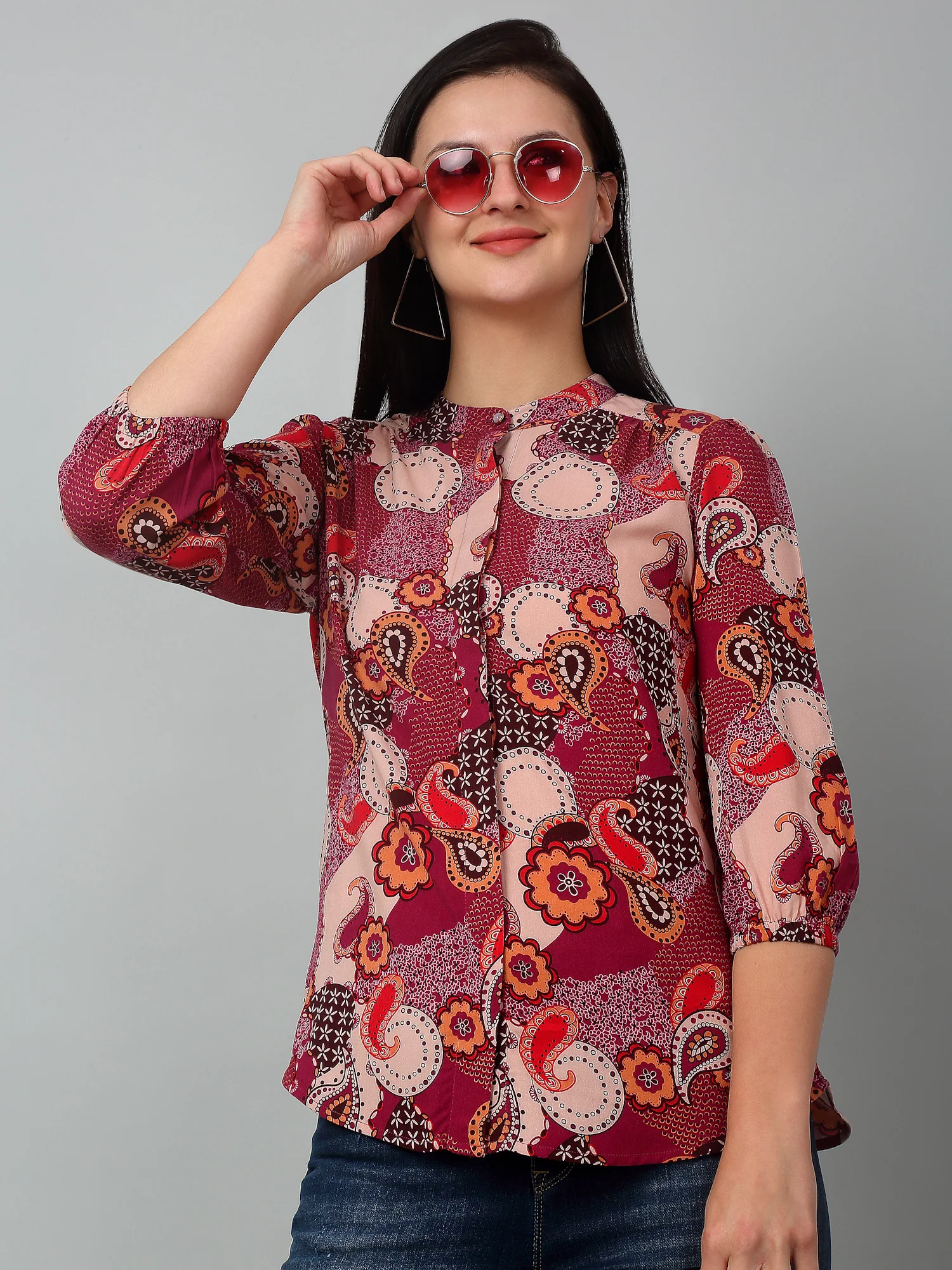 Women's Casual  Multi Color Paisley Print Mandarin Collar Tunic - Image 5