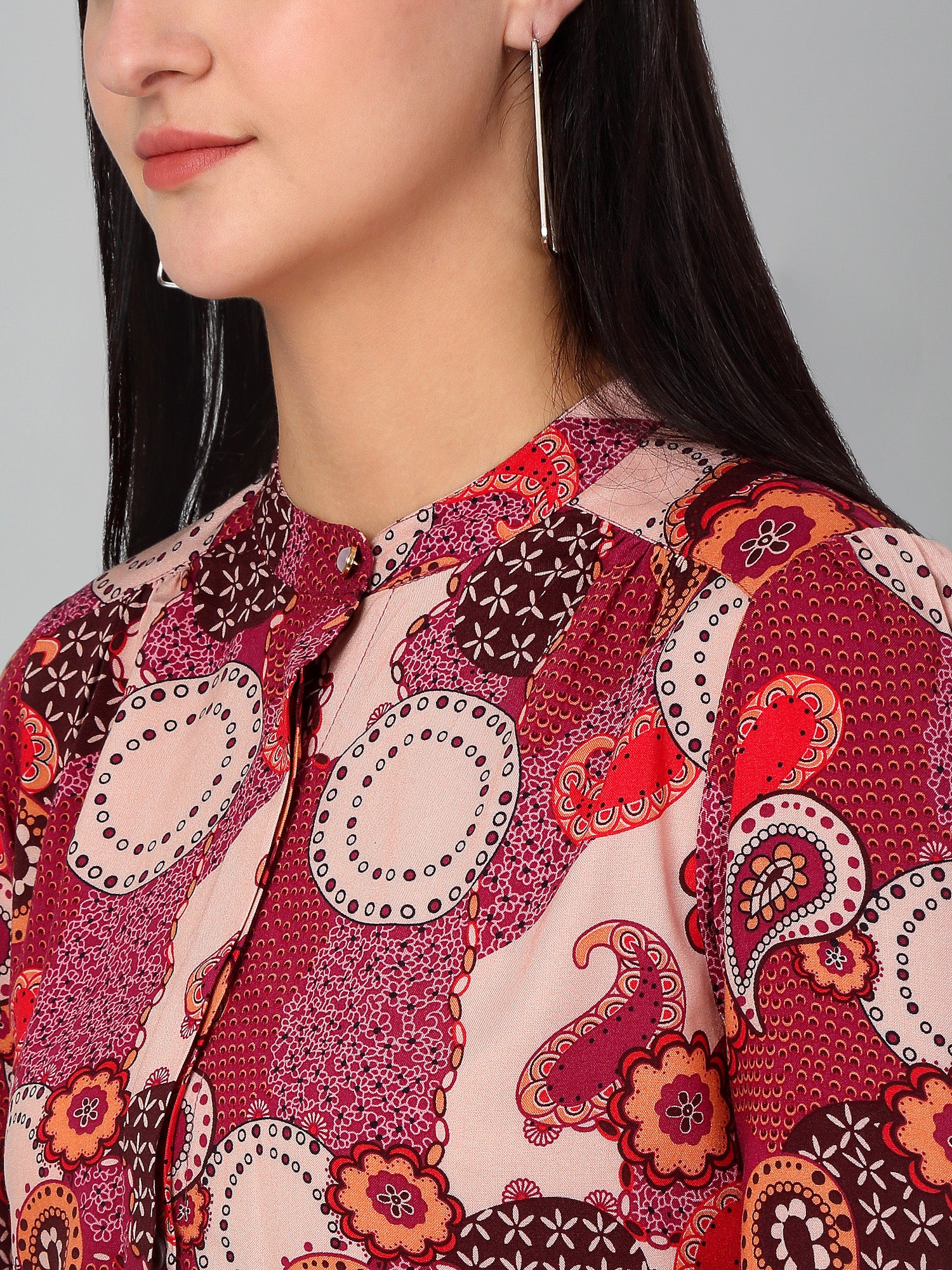 Women's Casual  Multi Color Paisley Print Mandarin Collar Tunic - Image 6