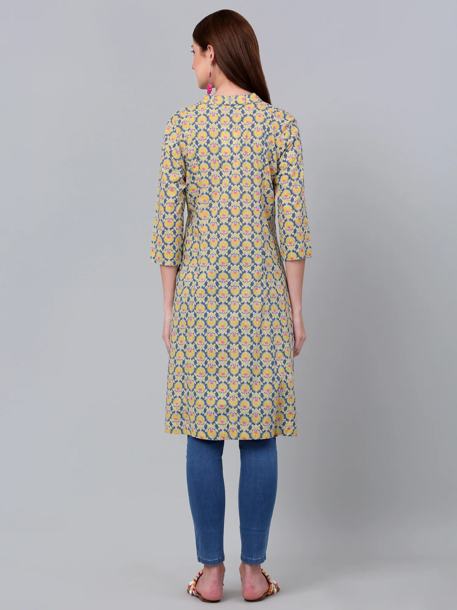 Women's Mustard Floral Printed Three Quarter Sleeves Kurti - Image 2