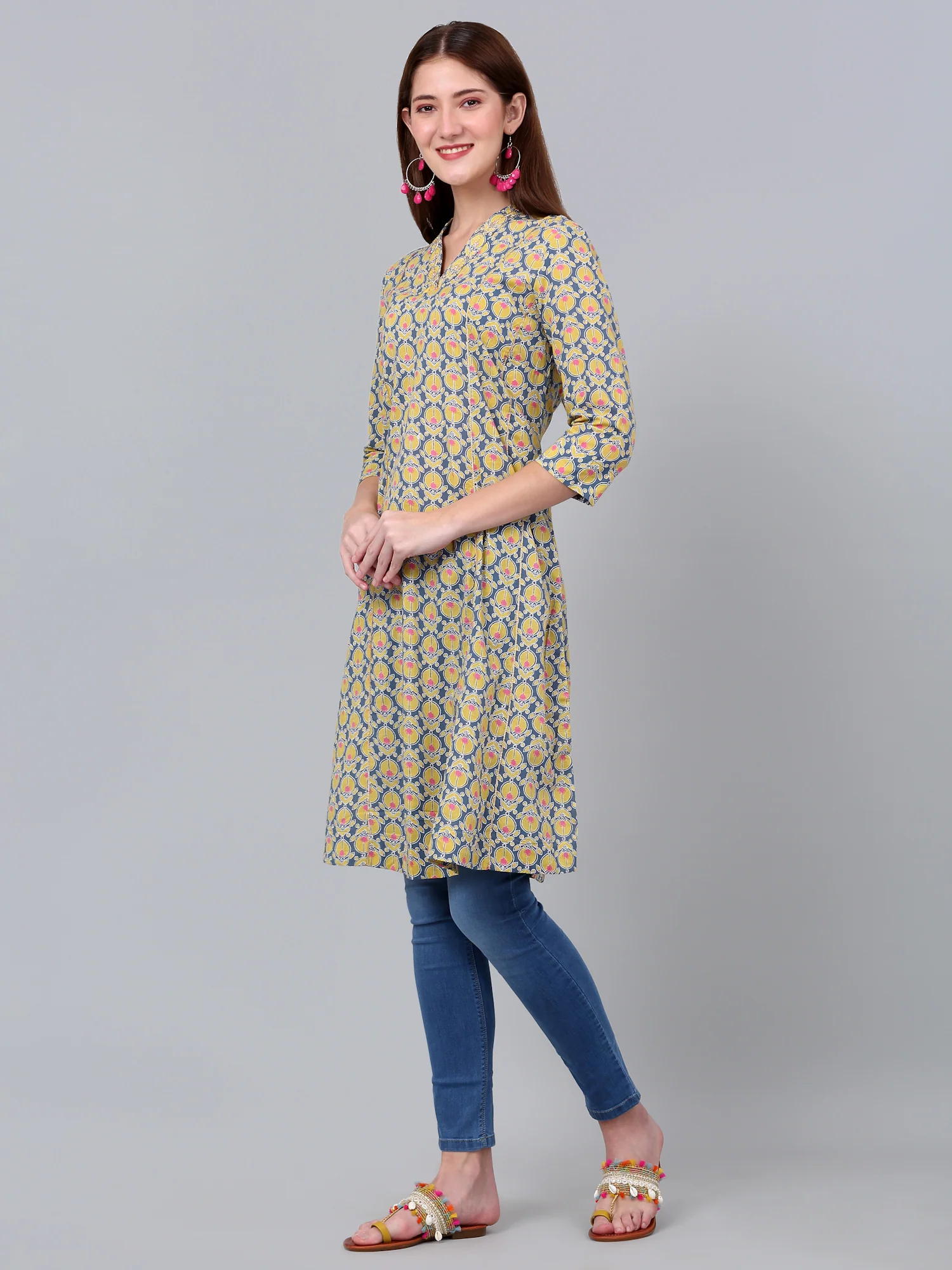 Women's Mustard Floral Printed Three Quarter Sleeves Kurti - Image 4