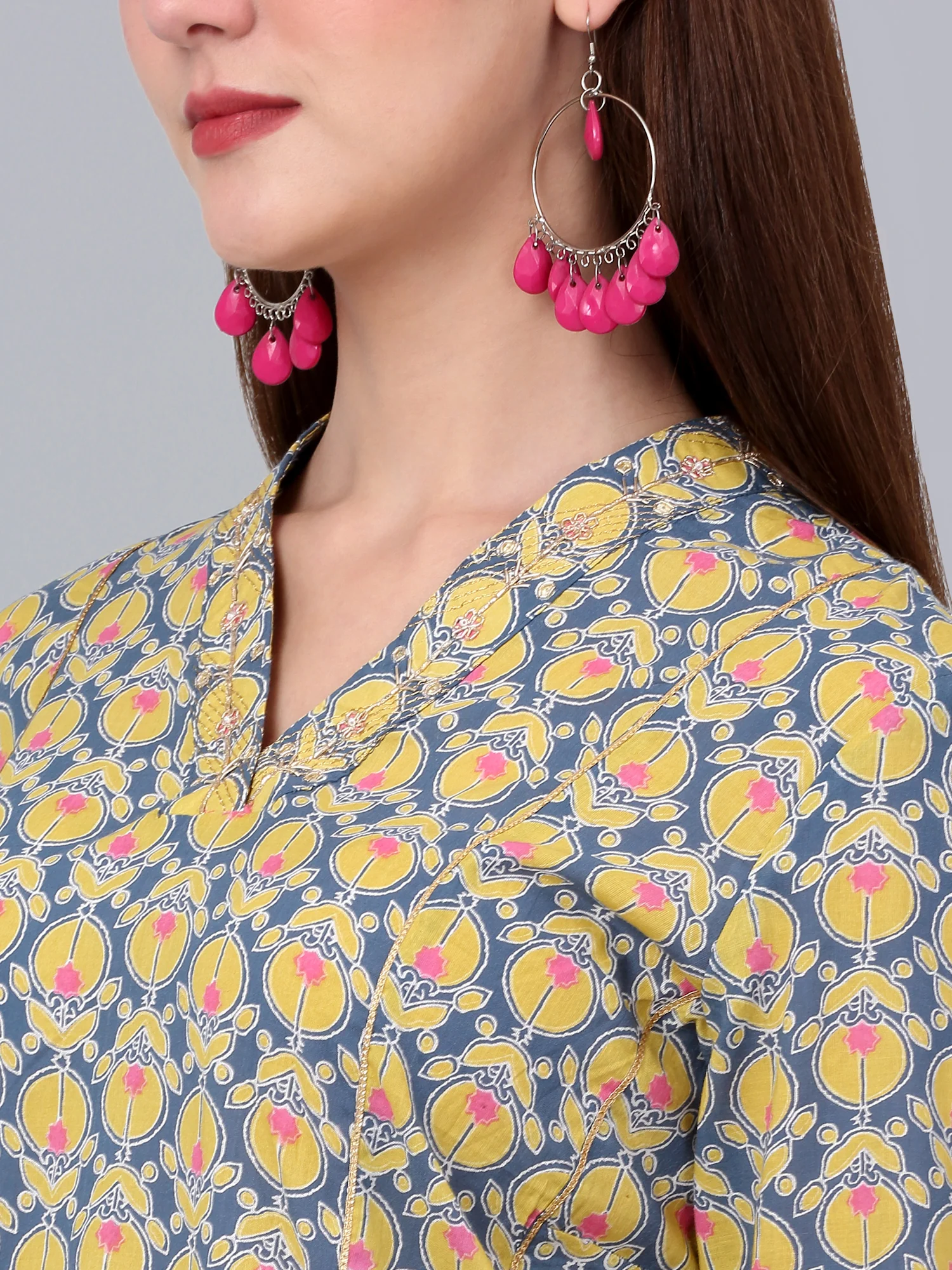 Women's Mustard Floral Printed Three Quarter Sleeves Kurti - Image 5