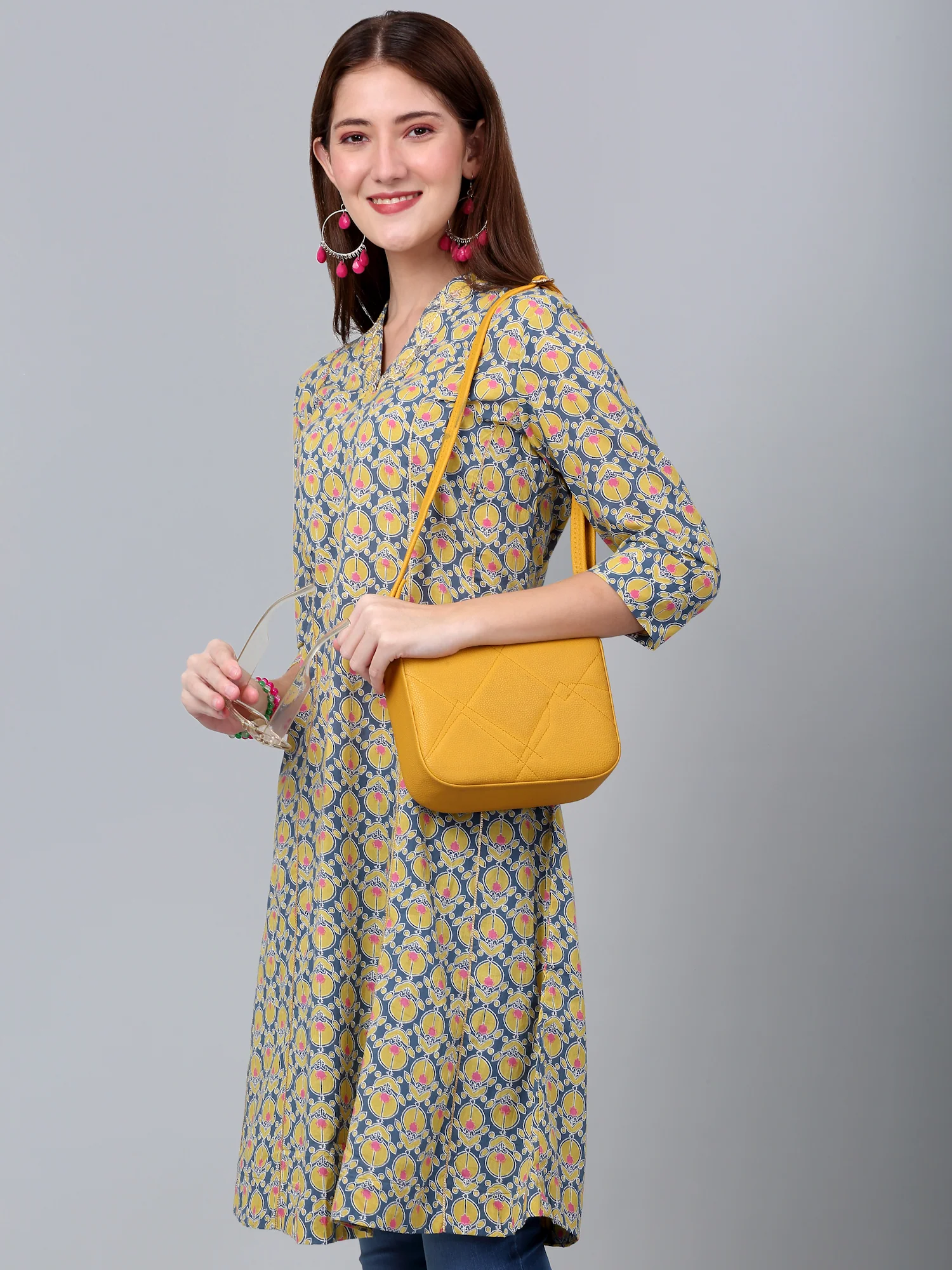 Women's Mustard Floral Printed Three Quarter Sleeves Kurti - Image 6