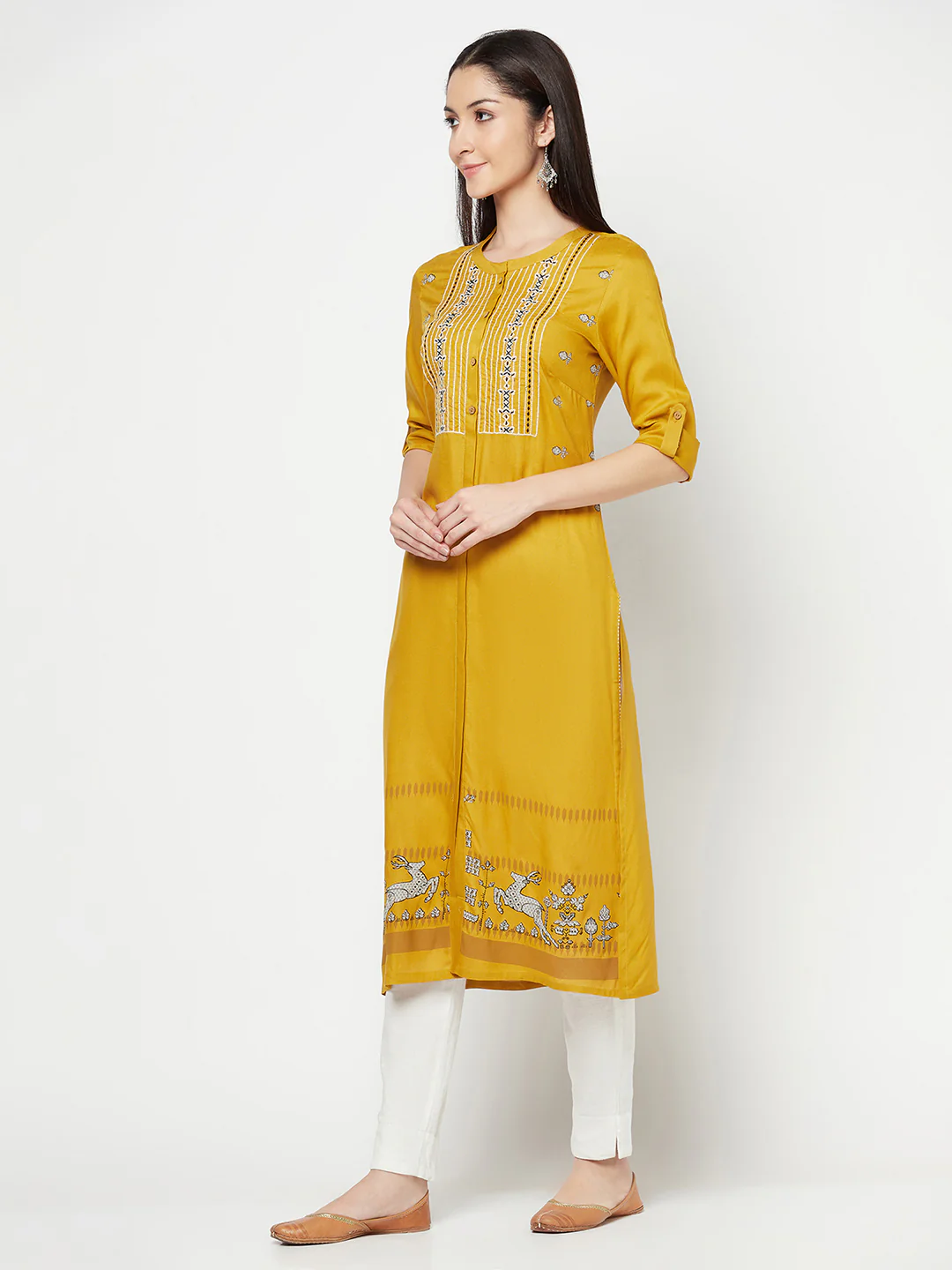Women's Casual Round Neck Mustard Embroidered Calf Length Kurti - Image 2