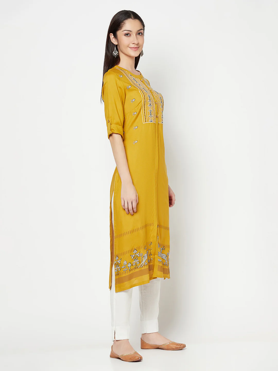 Women's Casual Round Neck Mustard Embroidered Calf Length Kurti - Image 3