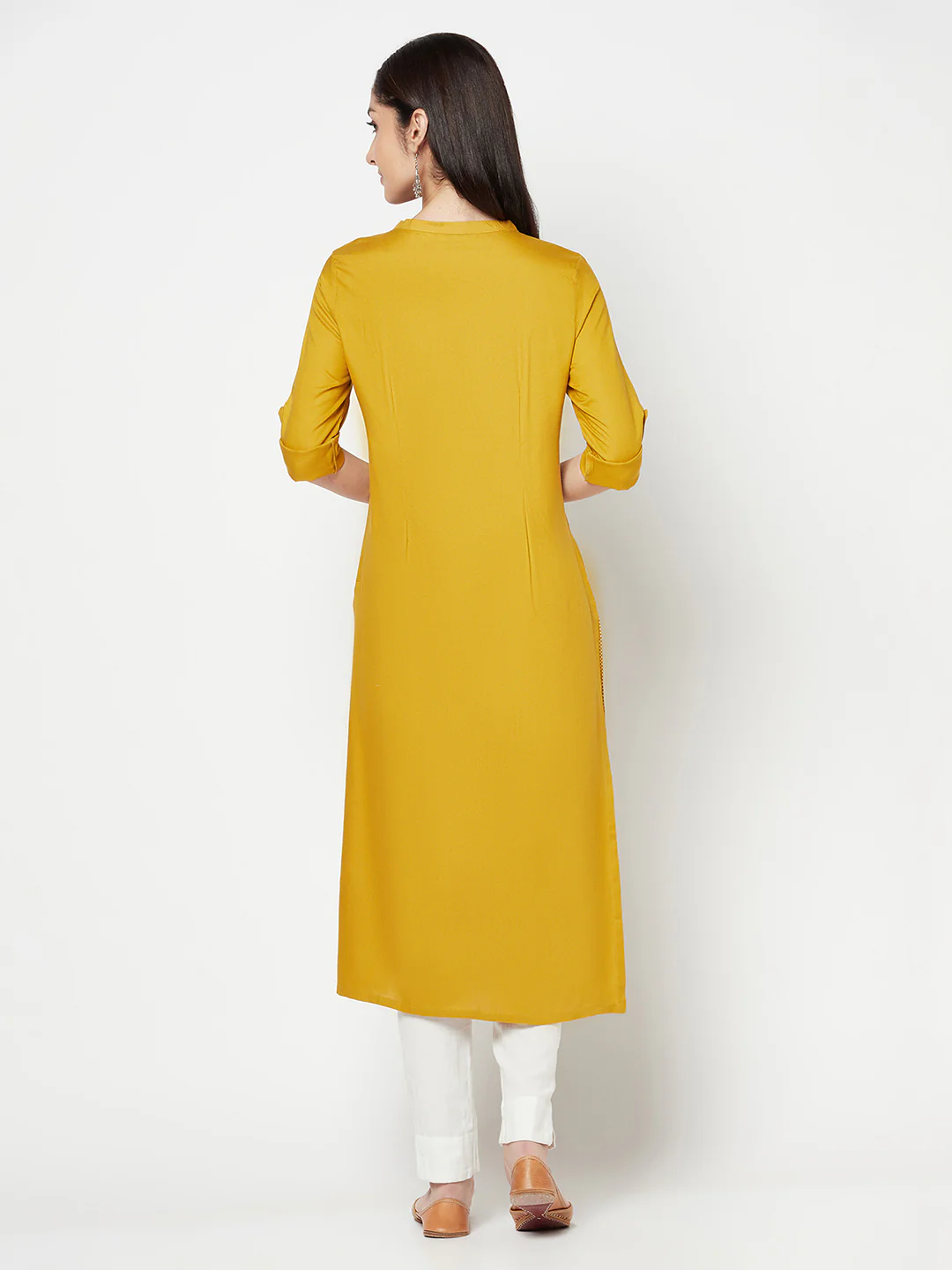 Women's Casual Round Neck Mustard Embroidered Calf Length Kurti - Image 4