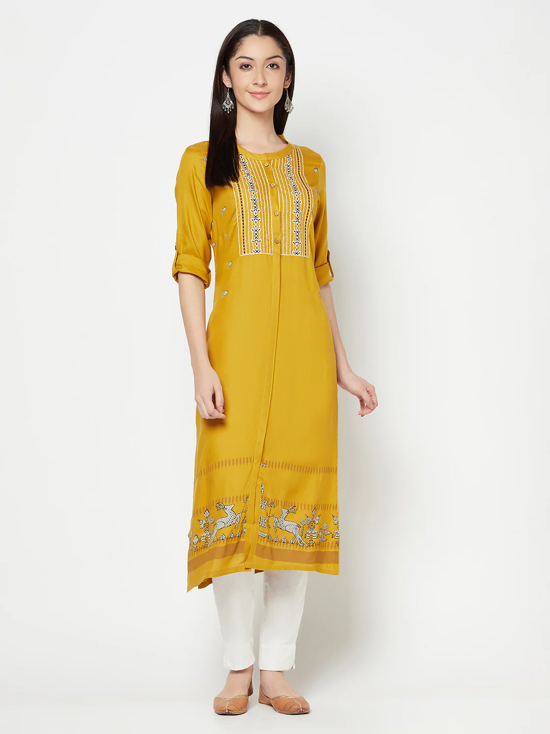 Women's Casual Round Neck Mustard Embroidered Calf Length Kurti - Image 5