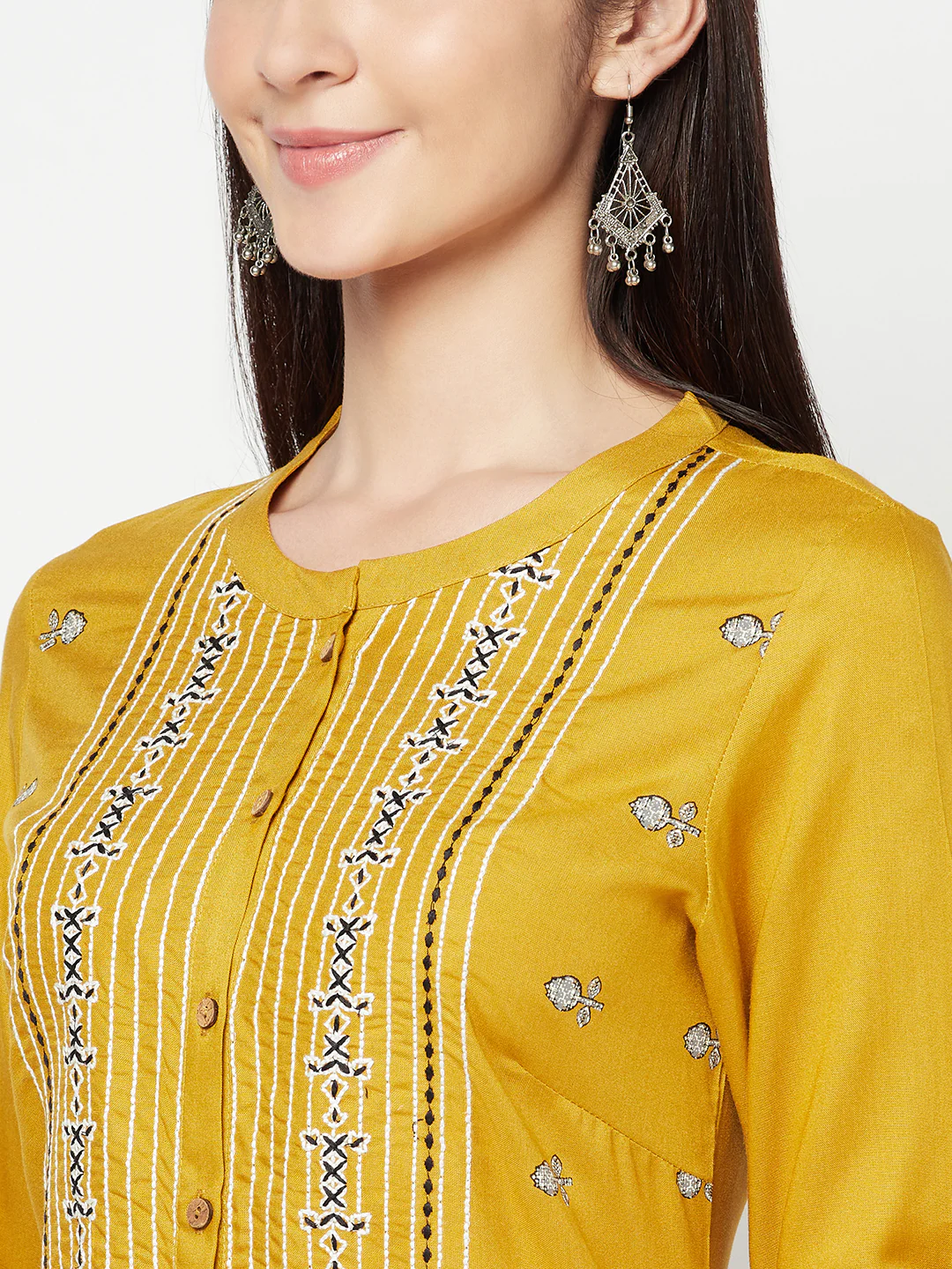Women's Casual Round Neck Mustard Embroidered Calf Length Kurti - Image 6
