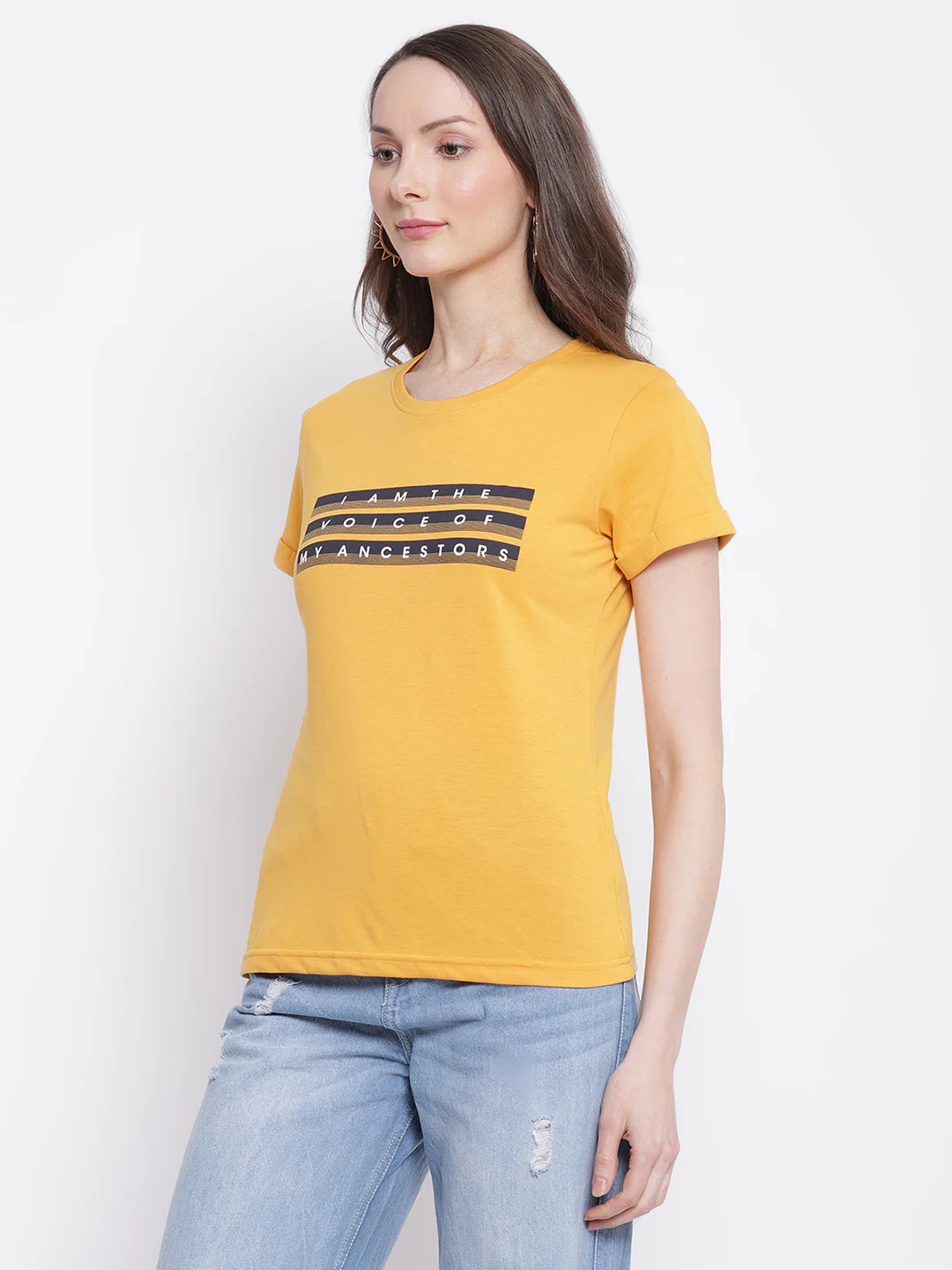 Women's Casual Regular Short Sleeve Mustard Round neck Typographic Print T-Shirt - Image 3