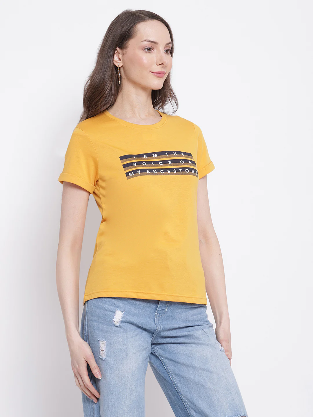 Women's Casual Regular Short Sleeve Mustard Round neck Typographic Print T-Shirt - Image 4