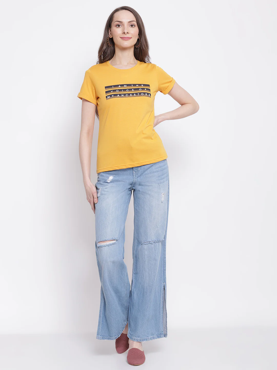 Women's Casual Regular Short Sleeve Mustard Round neck Typographic Print T-Shirt - Image 5