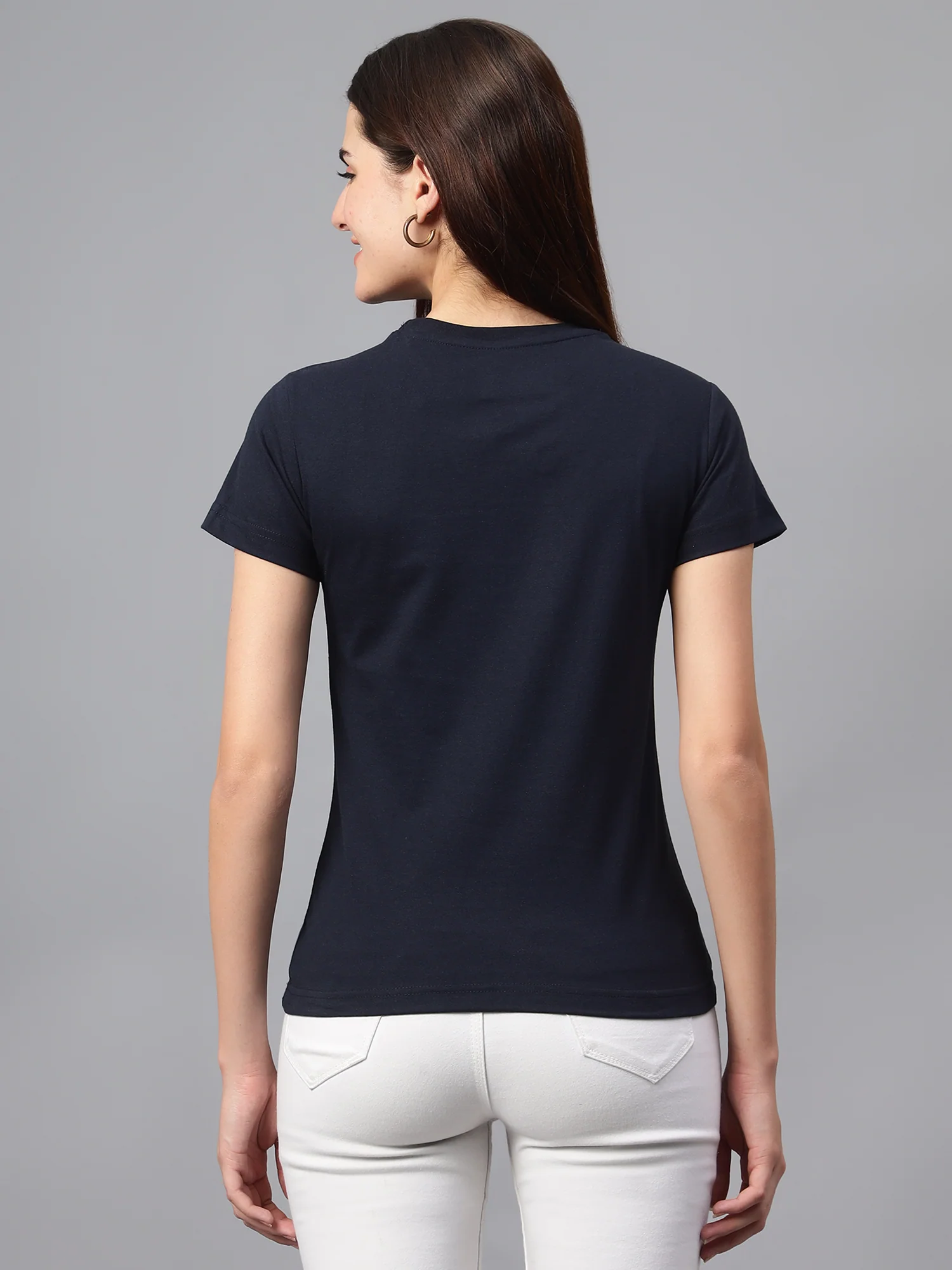 Women's Casual Regular Short Sleeve Navy Blue Round neck Hi-density Print T-Shirt - Image 2