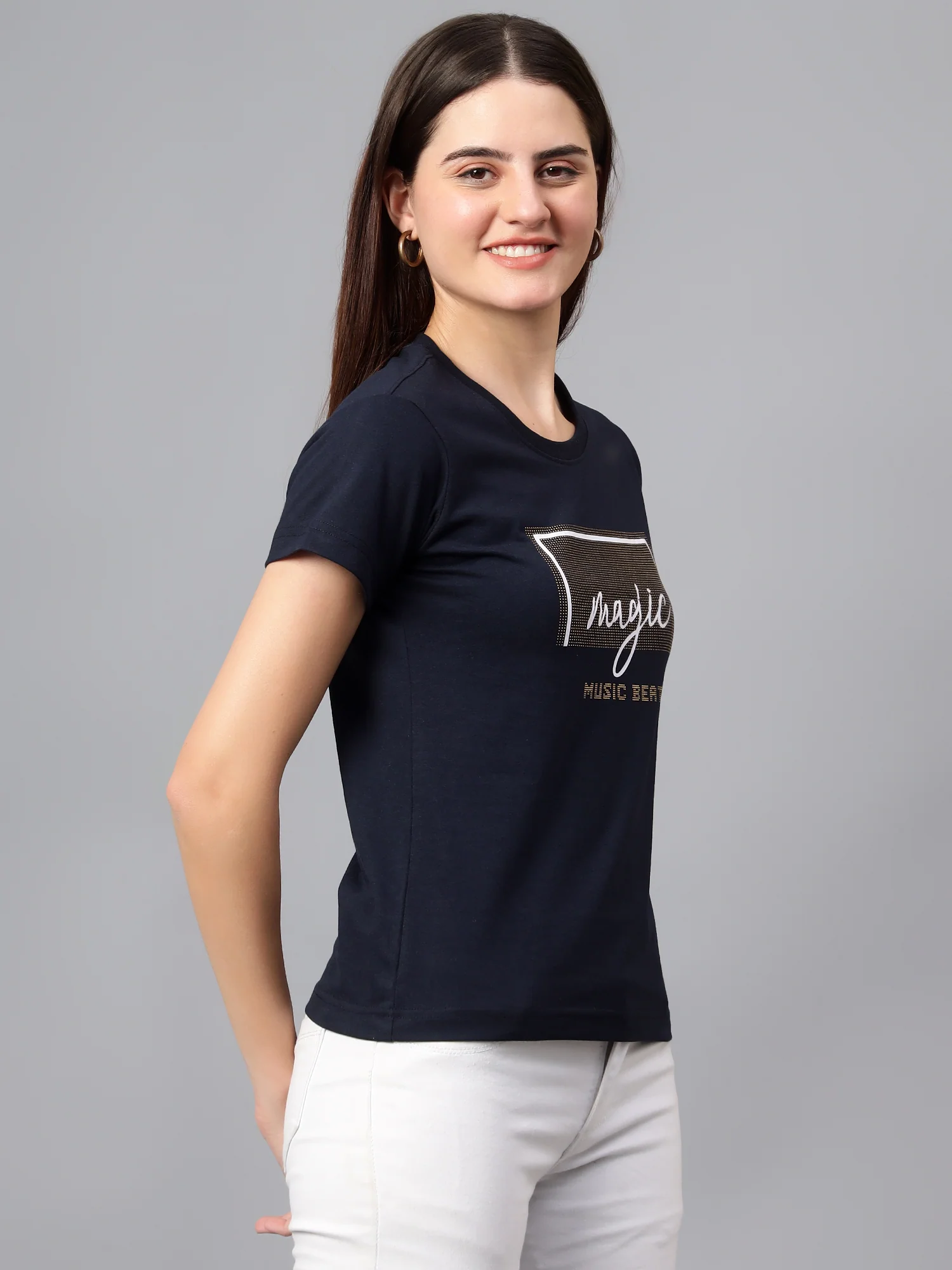 Women's Casual Regular Short Sleeve Navy Blue Round neck Hi-density Print T-Shirt - Image 3