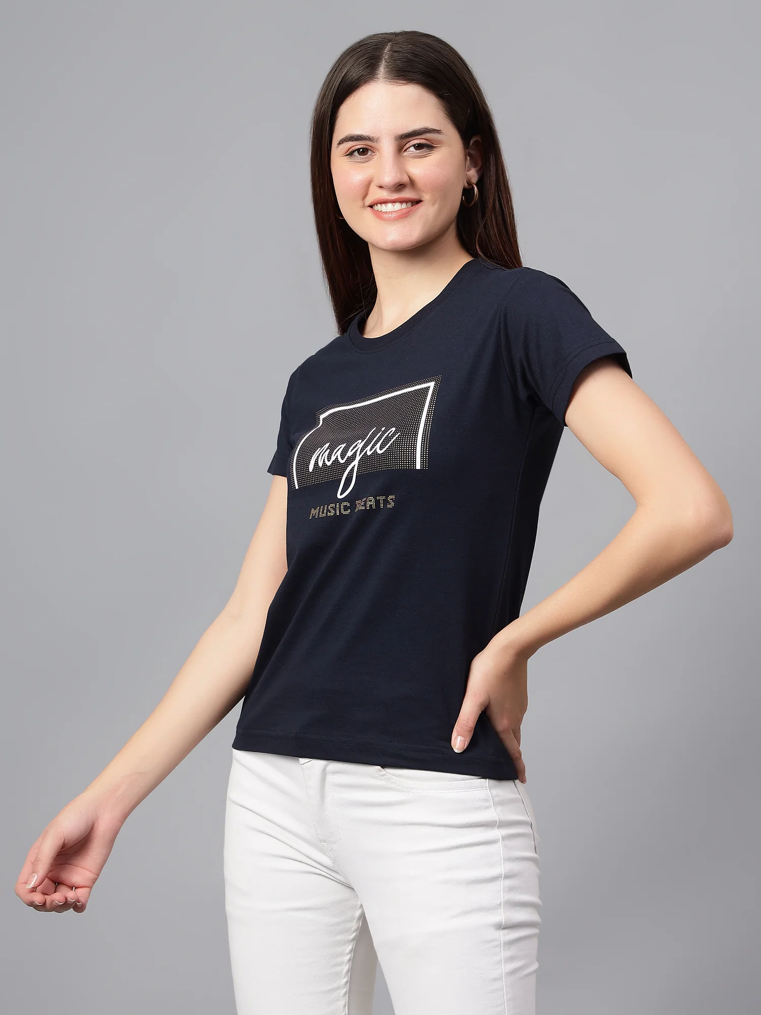 Women's Casual Regular Short Sleeve Navy Blue Round neck Hi-density Print T-Shirt - Image 4