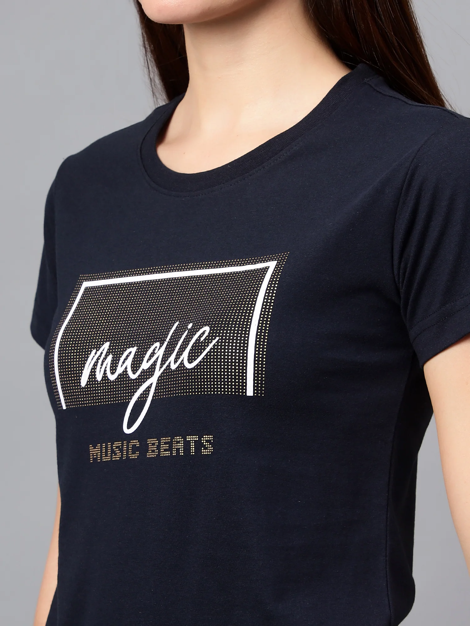 Women's Casual Regular Short Sleeve Navy Blue Round neck Hi-density Print T-Shirt - Image 5