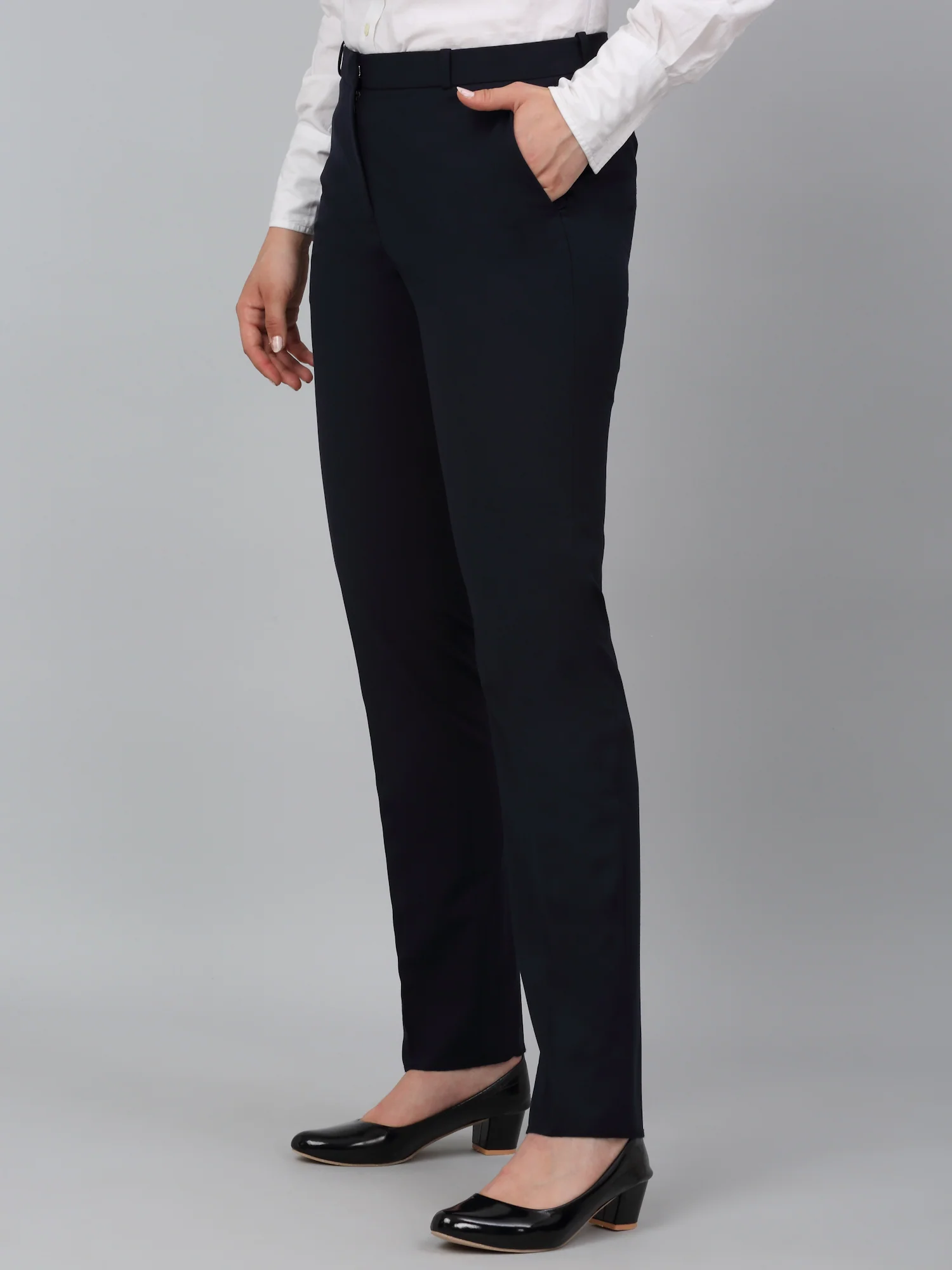 Women's Navy Blue Solid Non-Pleated Formal Trouser - Image 3
