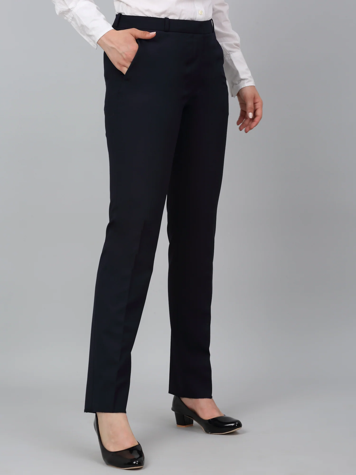 Women's Navy Blue Solid Non-Pleated Formal Trouser - Image 4