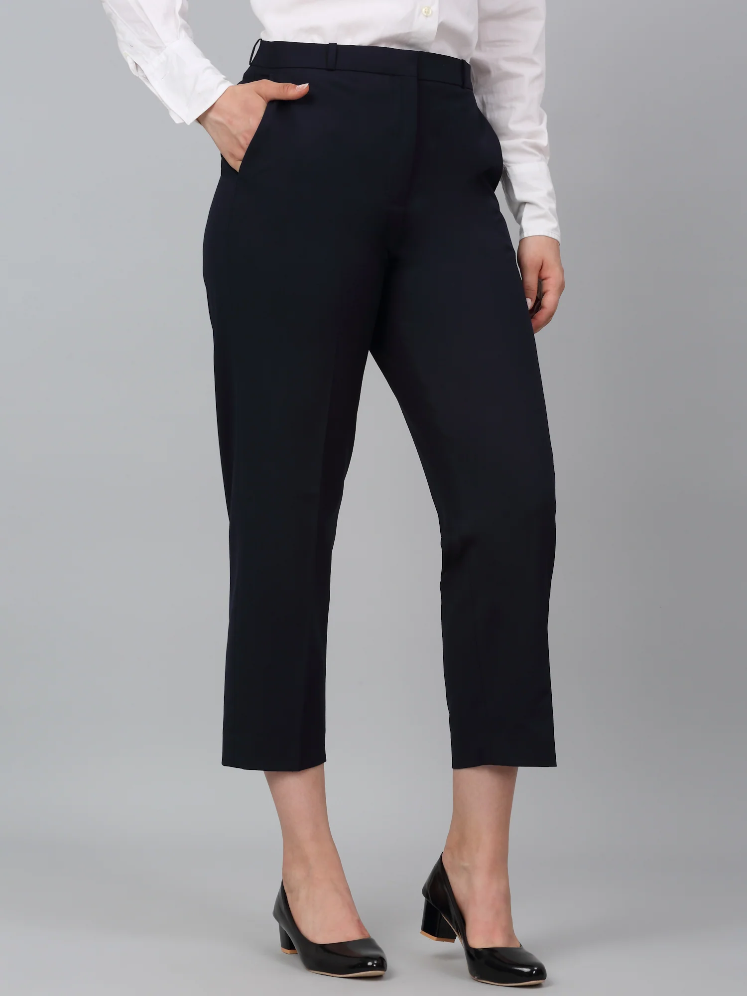 Women's Navy Blue Solid Non-Pleated Formal Trouser - Image 3