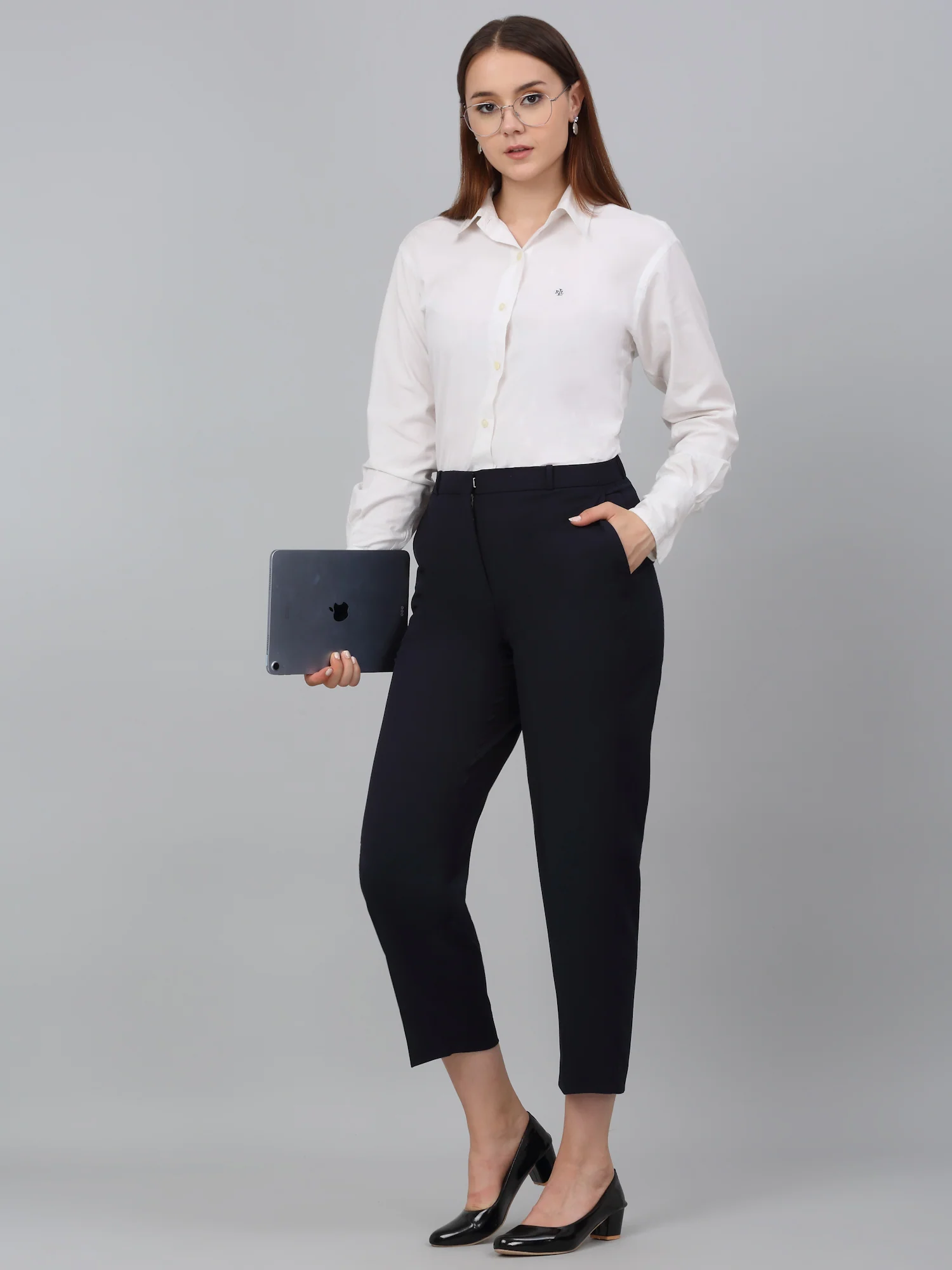 Women's Navy Blue Solid Non-Pleated Formal Trouser - Image 6