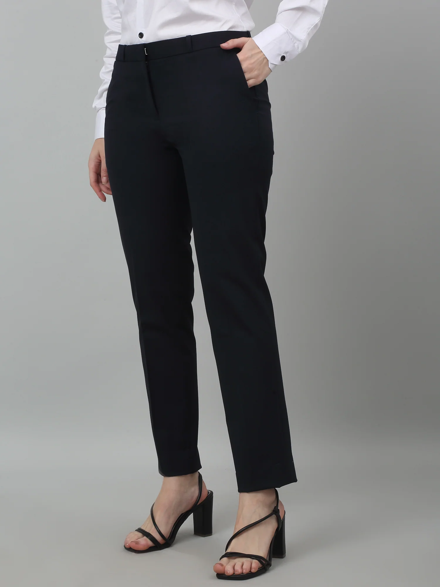 Women's Formal Flat Front Navy Blue Full length Mid rise Trousers - Image 3