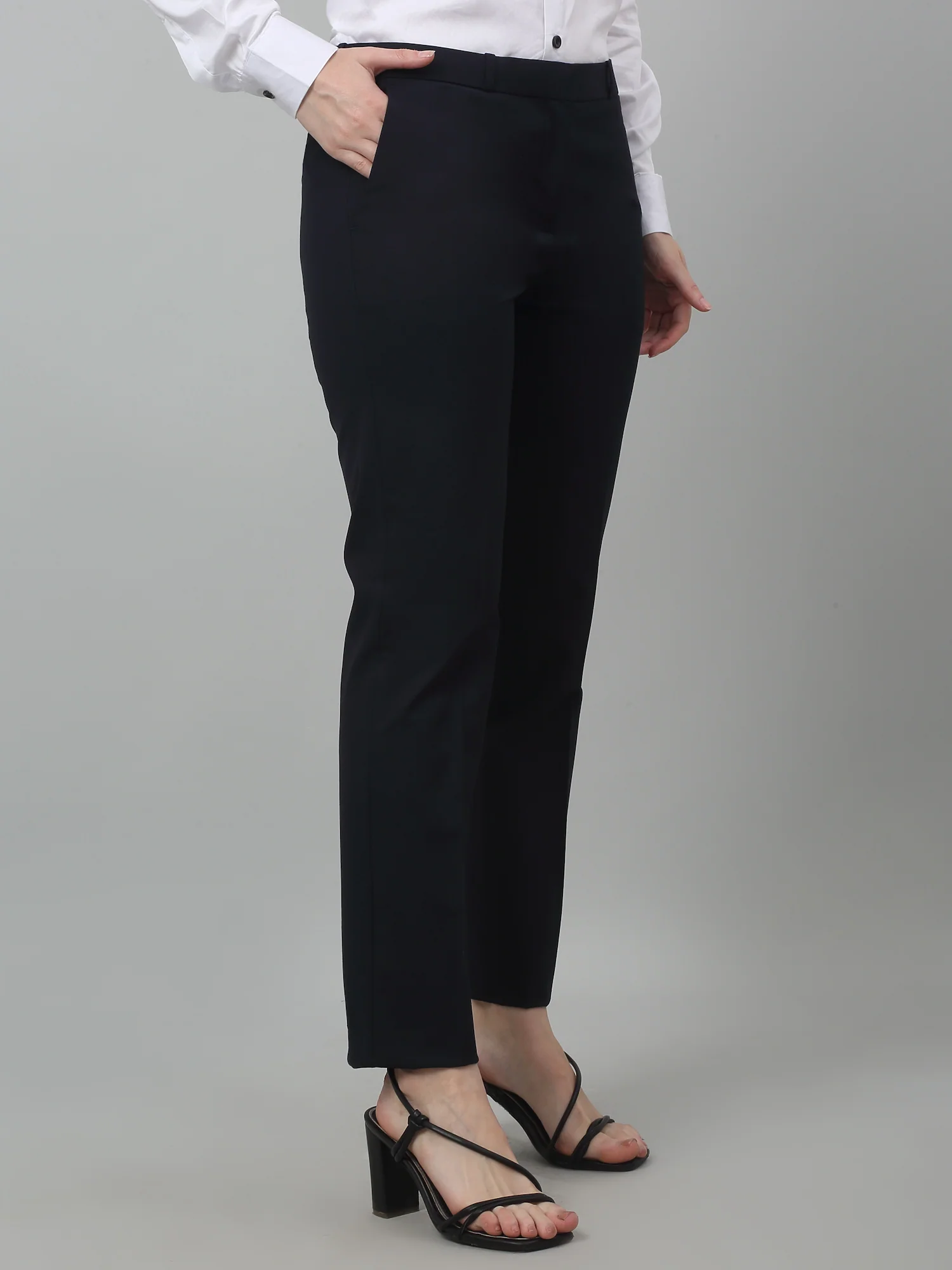 Women's Formal Flat Front Navy Blue Full length Mid rise Trousers - Image 4