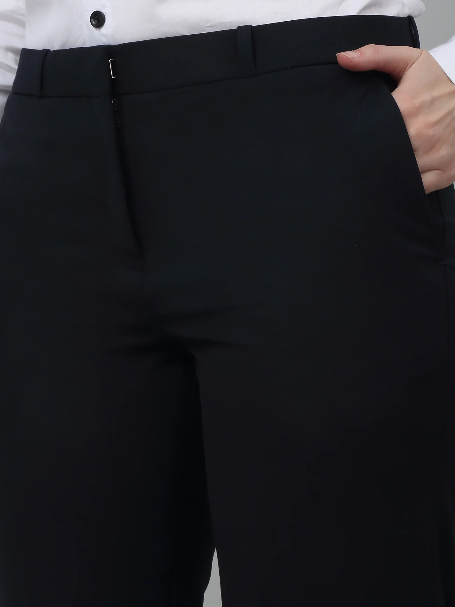 Women's Formal Flat Front Navy Blue Full length Mid rise Trousers - Image 5