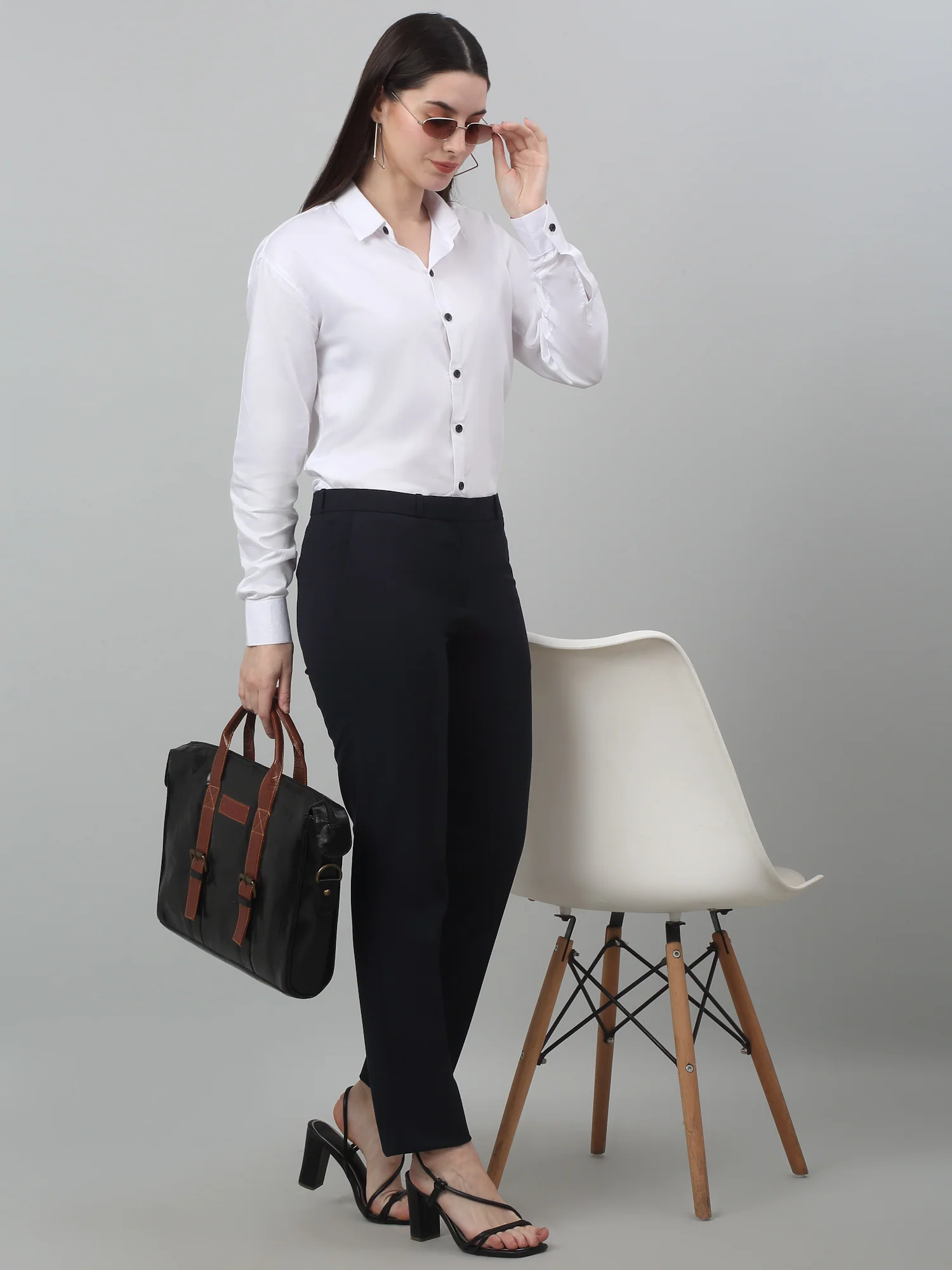 Women's Formal Flat Front Navy Blue Full length Mid rise Trousers - Image 6