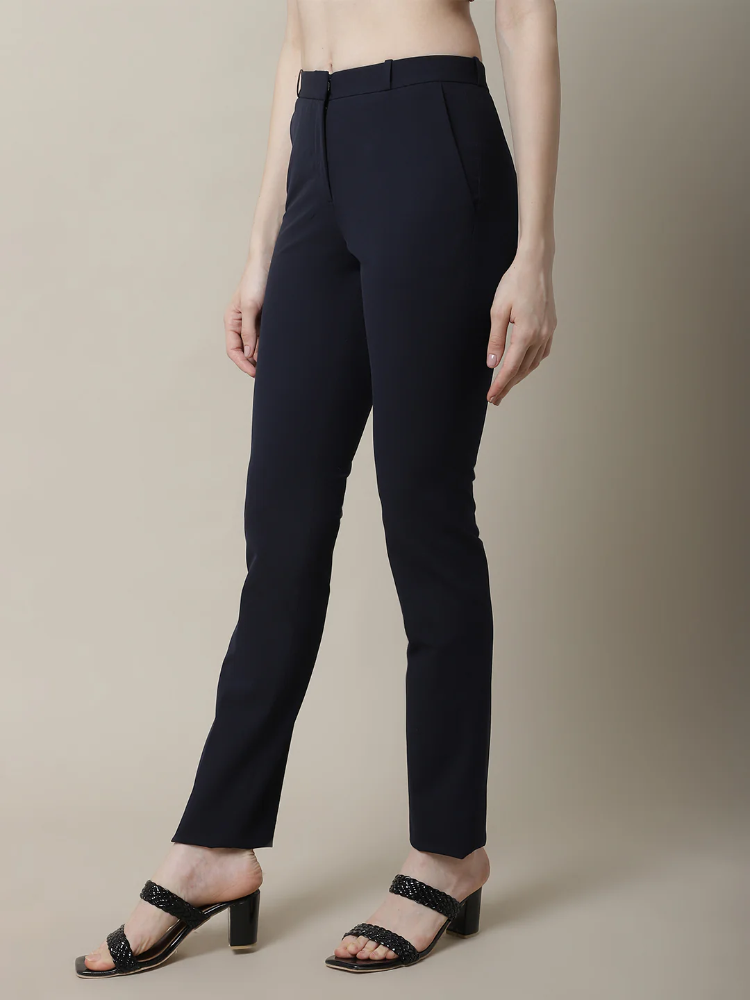 Women's Formal Flat Front Navy Blue Full length Mid rise Trousers - Image 3