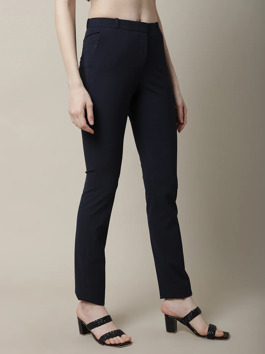 Women's Formal Flat Front Navy Blue Full length Mid rise Trousers - Image 4