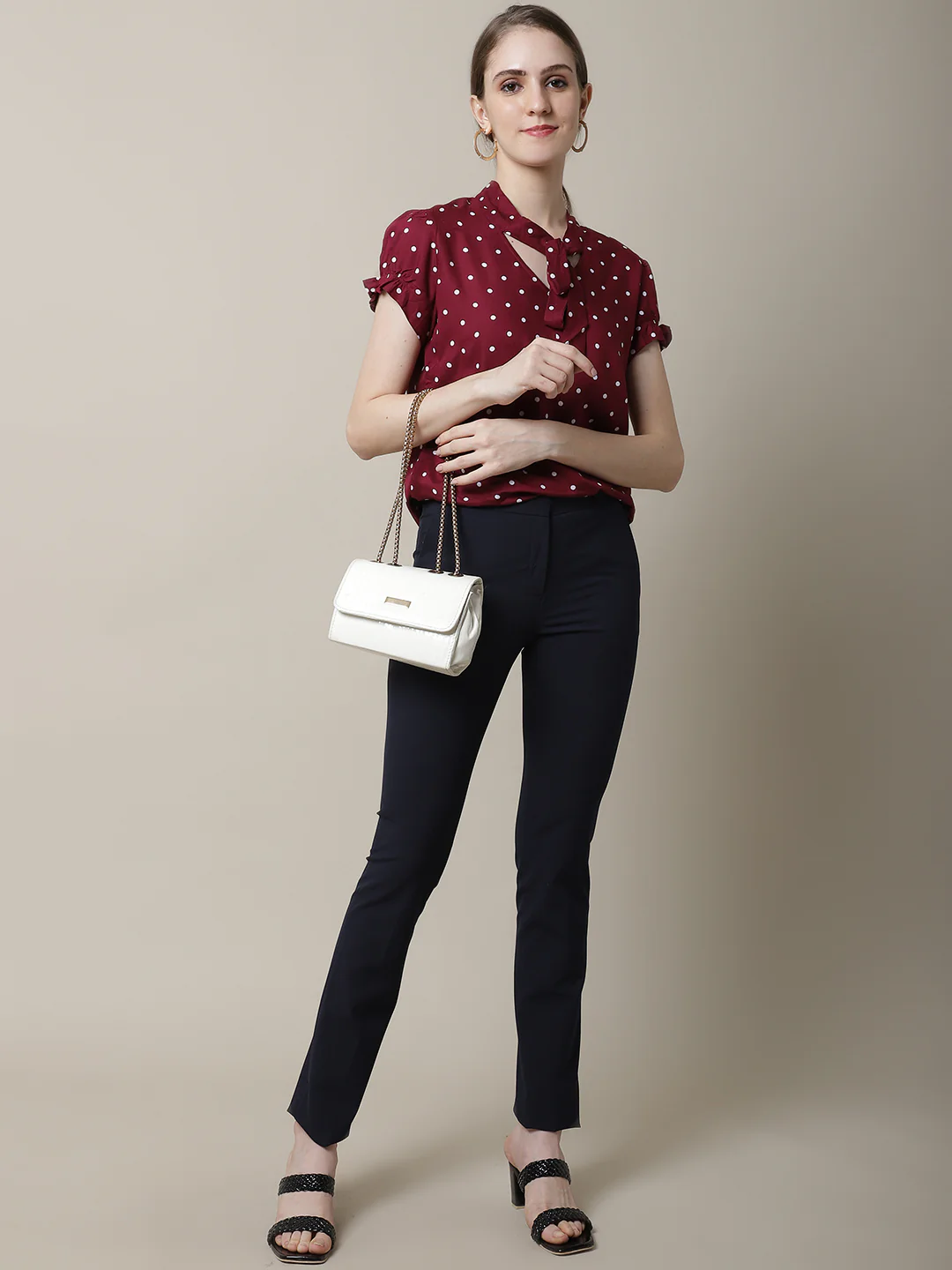 Women's Formal Flat Front Navy Blue Full length Mid rise Trousers - Image 5