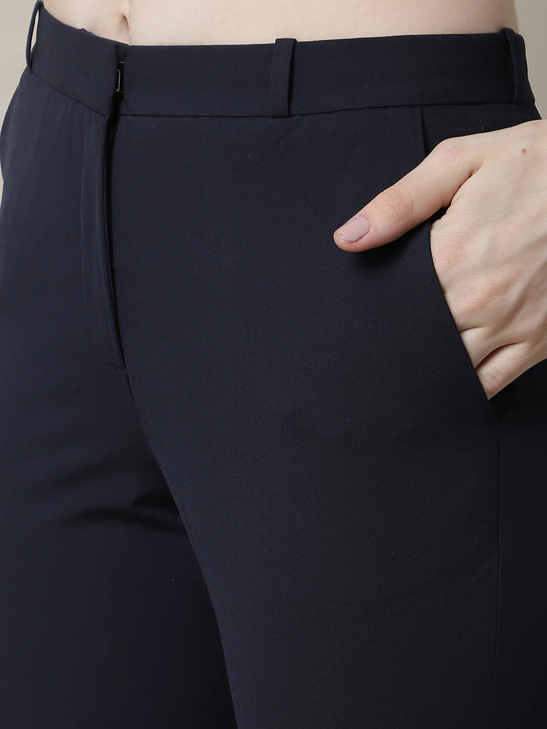 Women's Formal Flat Front Navy Blue Full length Mid rise Trousers - Image 6