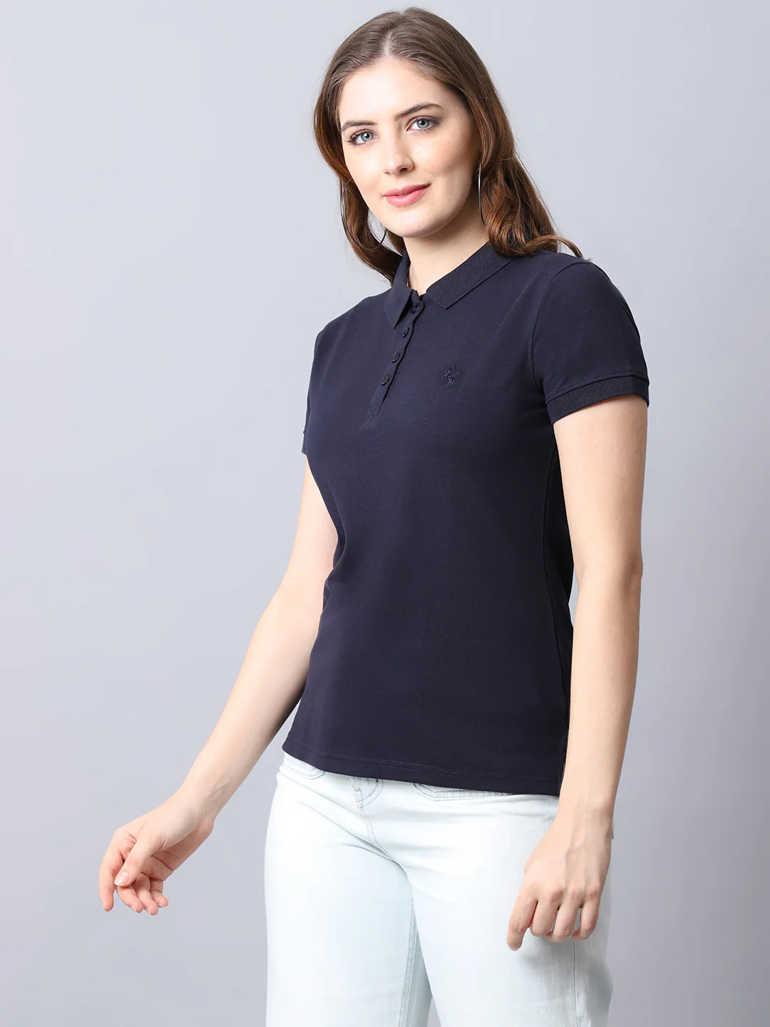 Women's Casual Regular Short Sleeve Navy Blue Polo neck  T-Shirt - Image 3