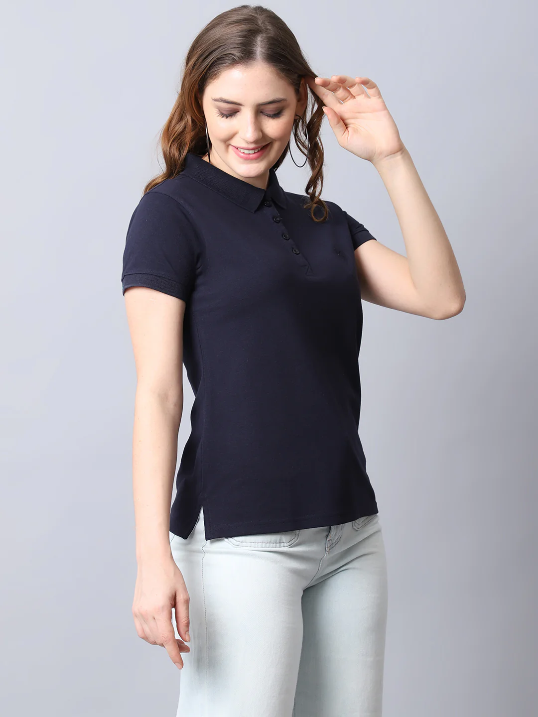 Women's Casual Regular Short Sleeve Navy Blue Polo neck  T-Shirt - Image 4