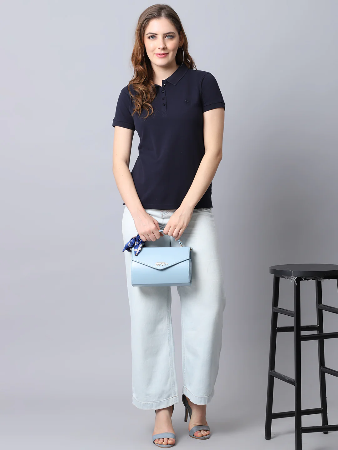 Women's Casual Regular Short Sleeve Navy Blue Polo neck  T-Shirt - Image 5