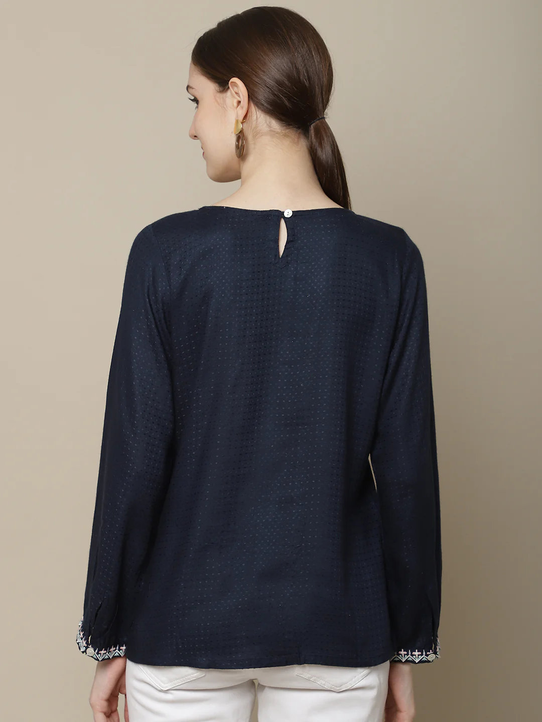 Women's Casual  Navy Blue Solid Round neck Tunic - Image 2