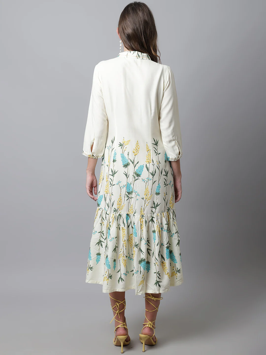Women's Casual Shirt Collar Offwhite Floral Print Fit & Flared Dress - Image 2