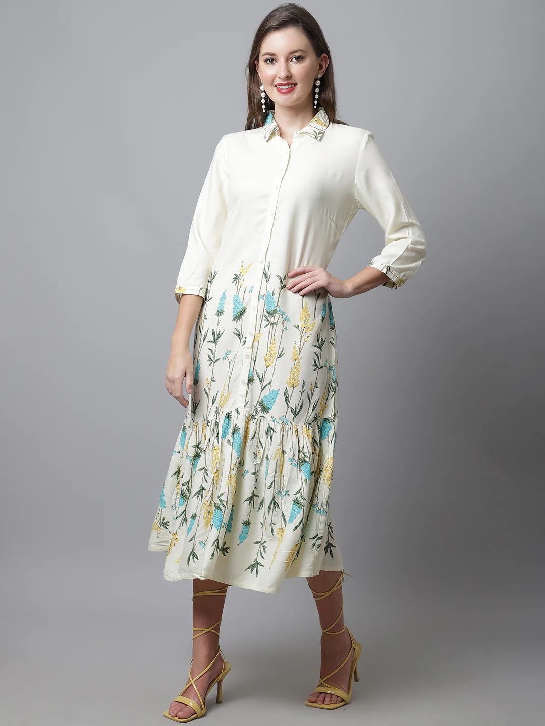 Women's Casual Shirt Collar Offwhite Floral Print Fit & Flared Dress - Image 3