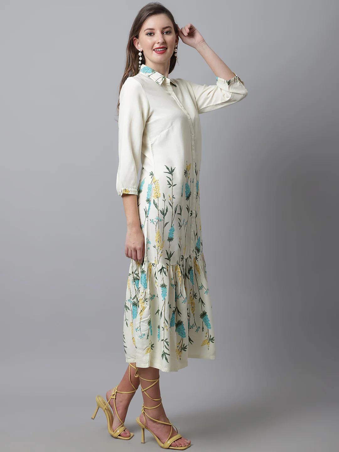 Women's Casual Shirt Collar Offwhite Floral Print Fit & Flared Dress - Image 4