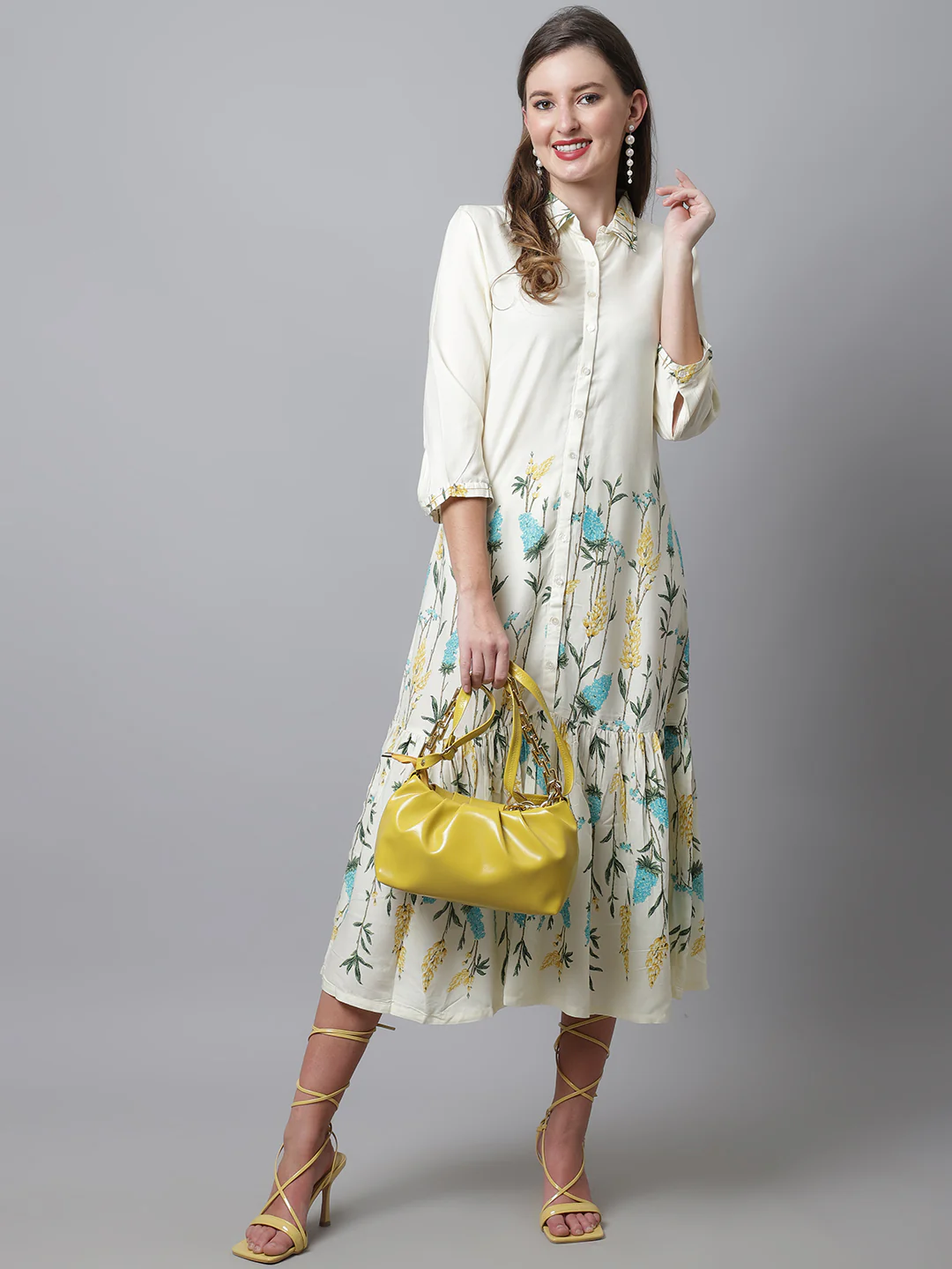 Women's Casual Shirt Collar Offwhite Floral Print Fit & Flared Dress - Image 5