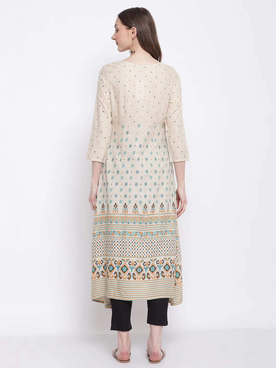 Women's Casual Round neck Offwhite All Over Printed with border Calf length Kurti - Image 2