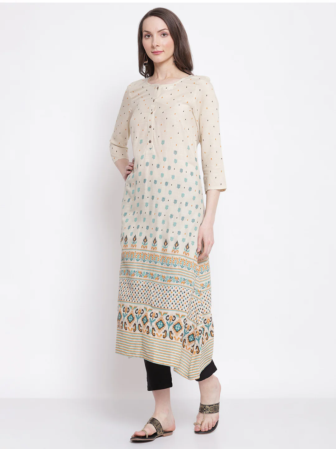 Women's Casual Round neck Offwhite All Over Printed with border Calf length Kurti - Image 3