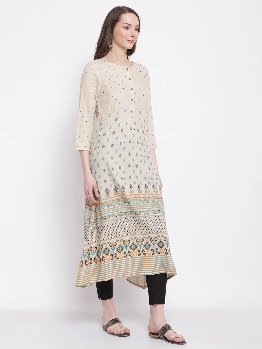 Women's Casual Round neck Offwhite All Over Printed with border Calf length Kurti - Image 4