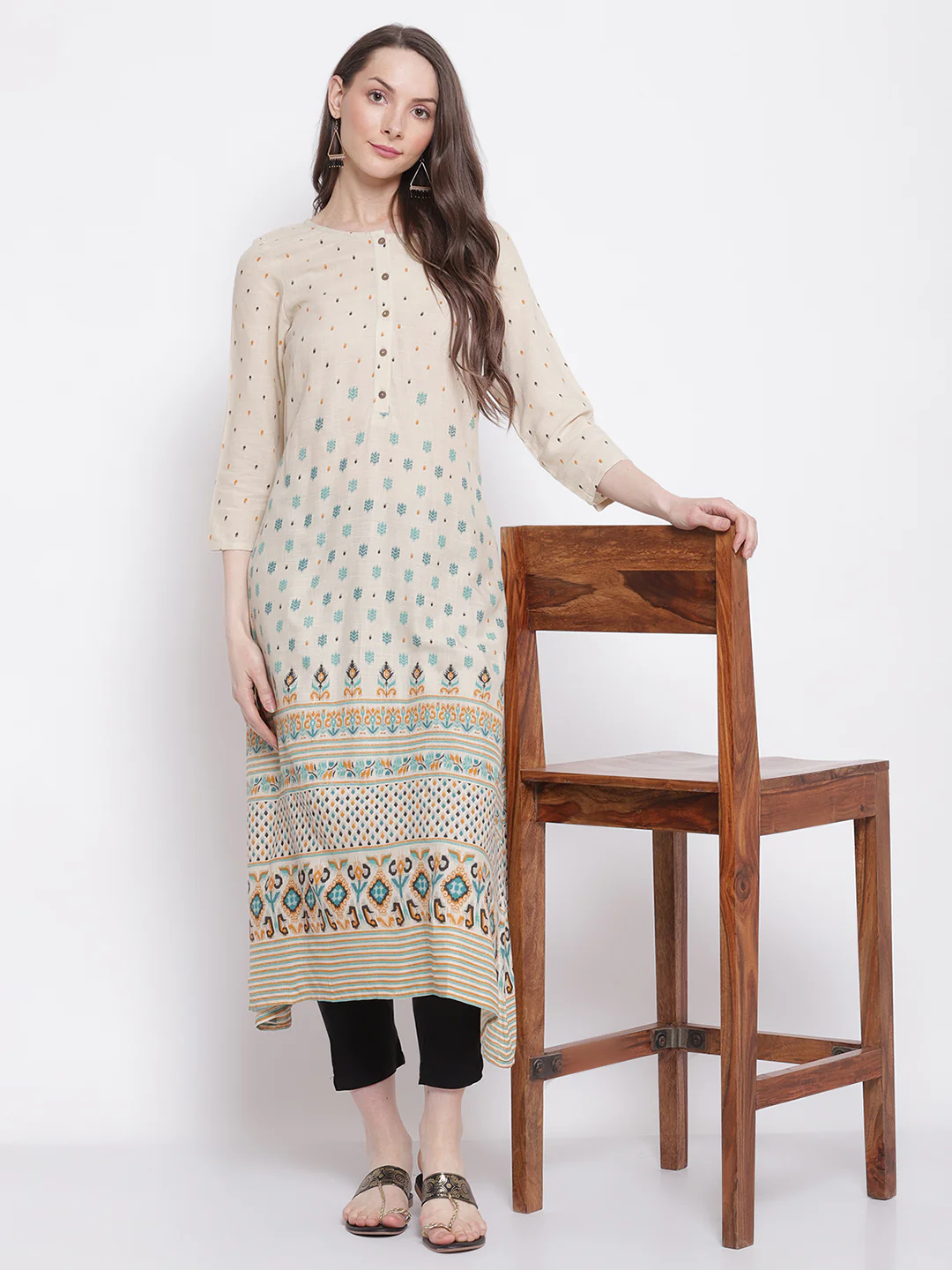 Women's Casual Round neck Offwhite All Over Printed with border Calf length Kurti - Image 5