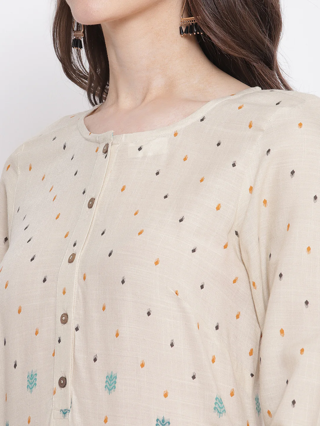 Women's Casual Round neck Offwhite All Over Printed with border Calf length Kurti - Image 6