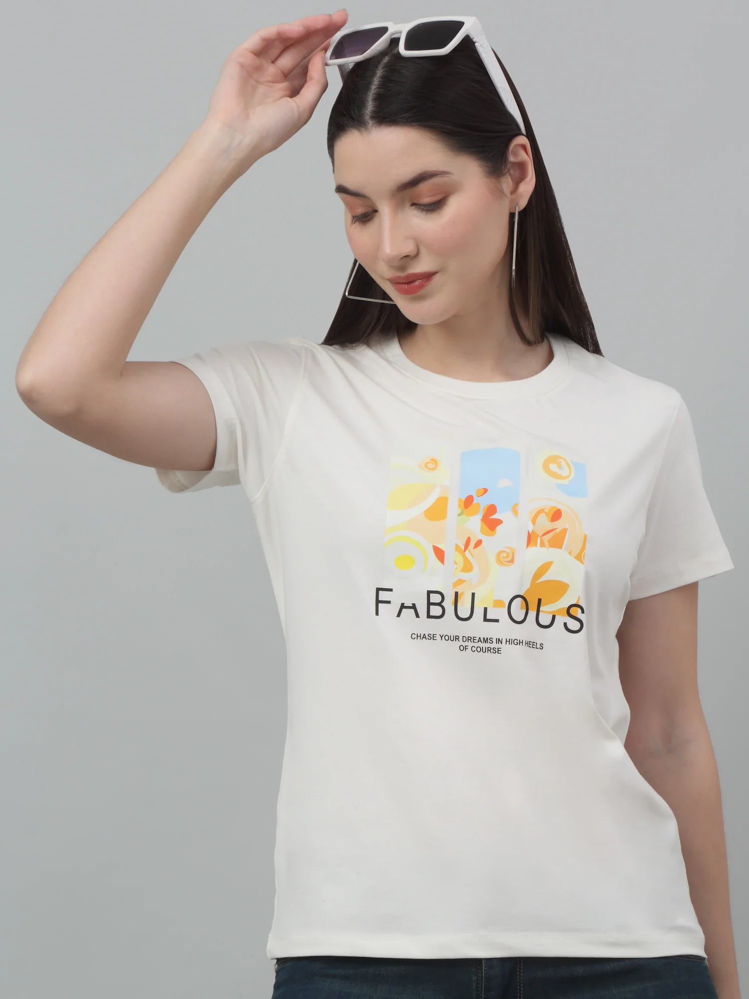 Women's Casual Regular Short Sleeve Ivory Round neck Graphic Print T-Shirt - Image 5